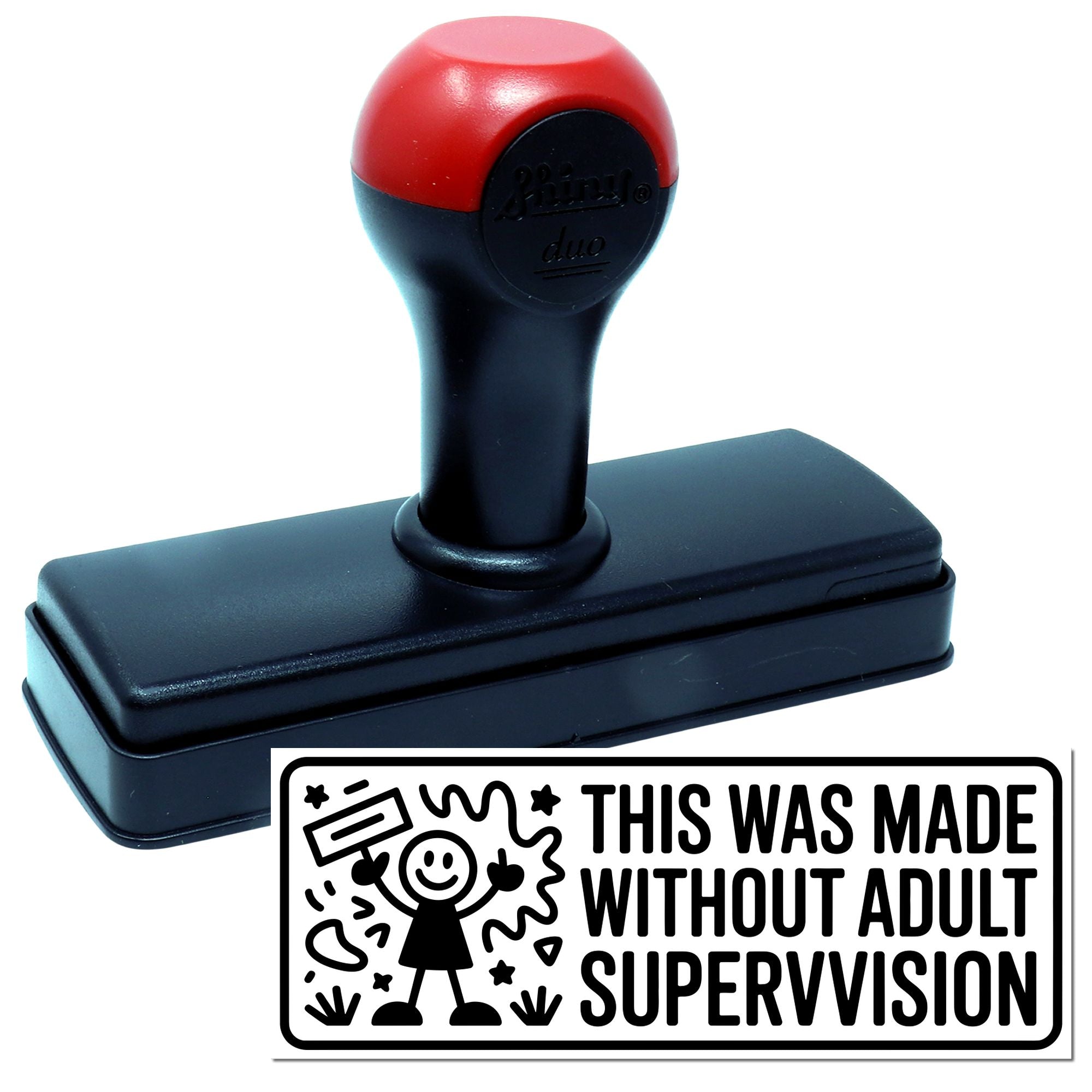 Red and black self-inking stamp and seal with This Was Made Without Adult Supervision design.