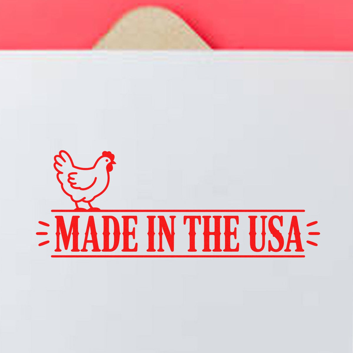 Red Made in the USA stamp seal with chicken icon on white packaging and pink tab