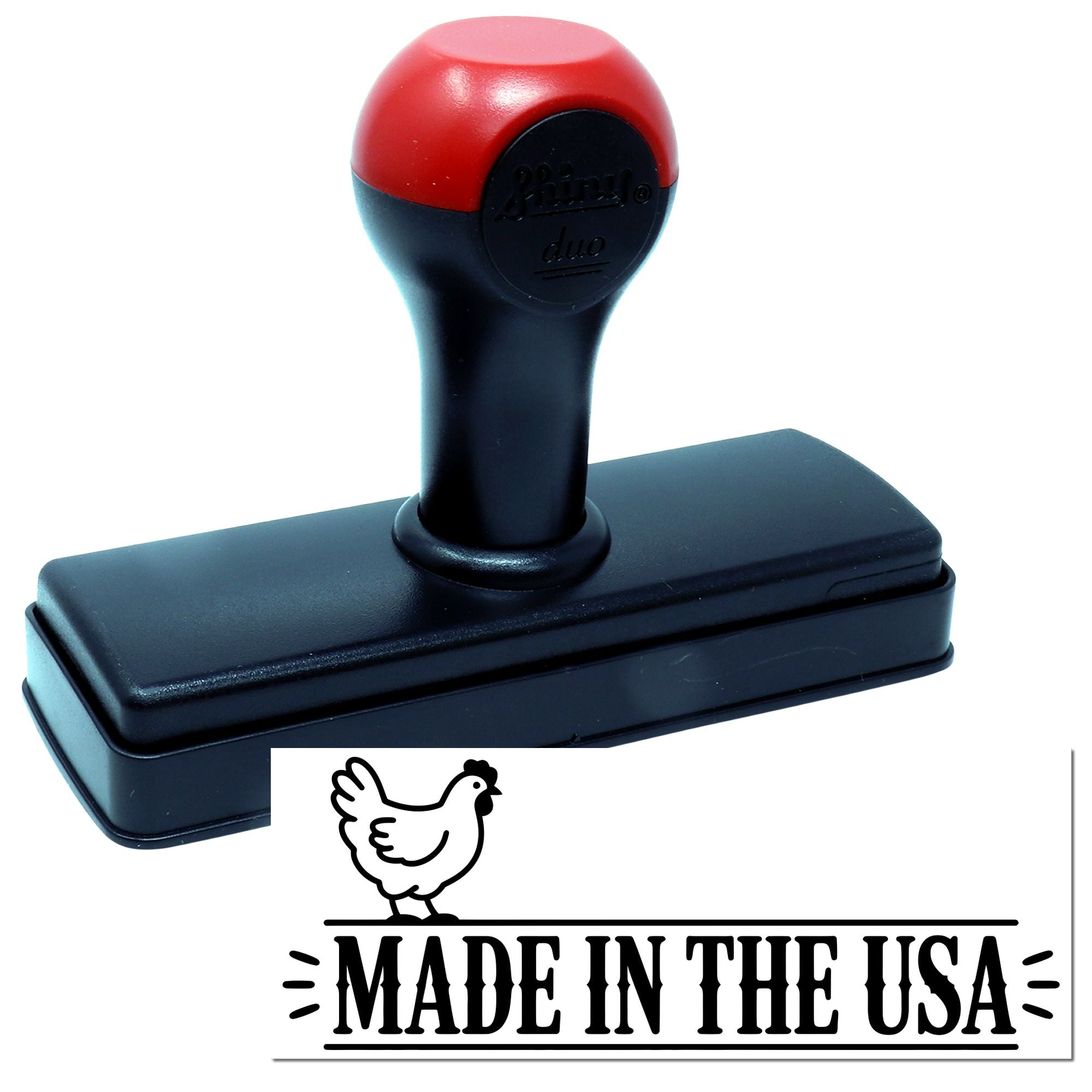 Red and black self-inking stamp and seal featuring a chicken and Made in the USA imprint.