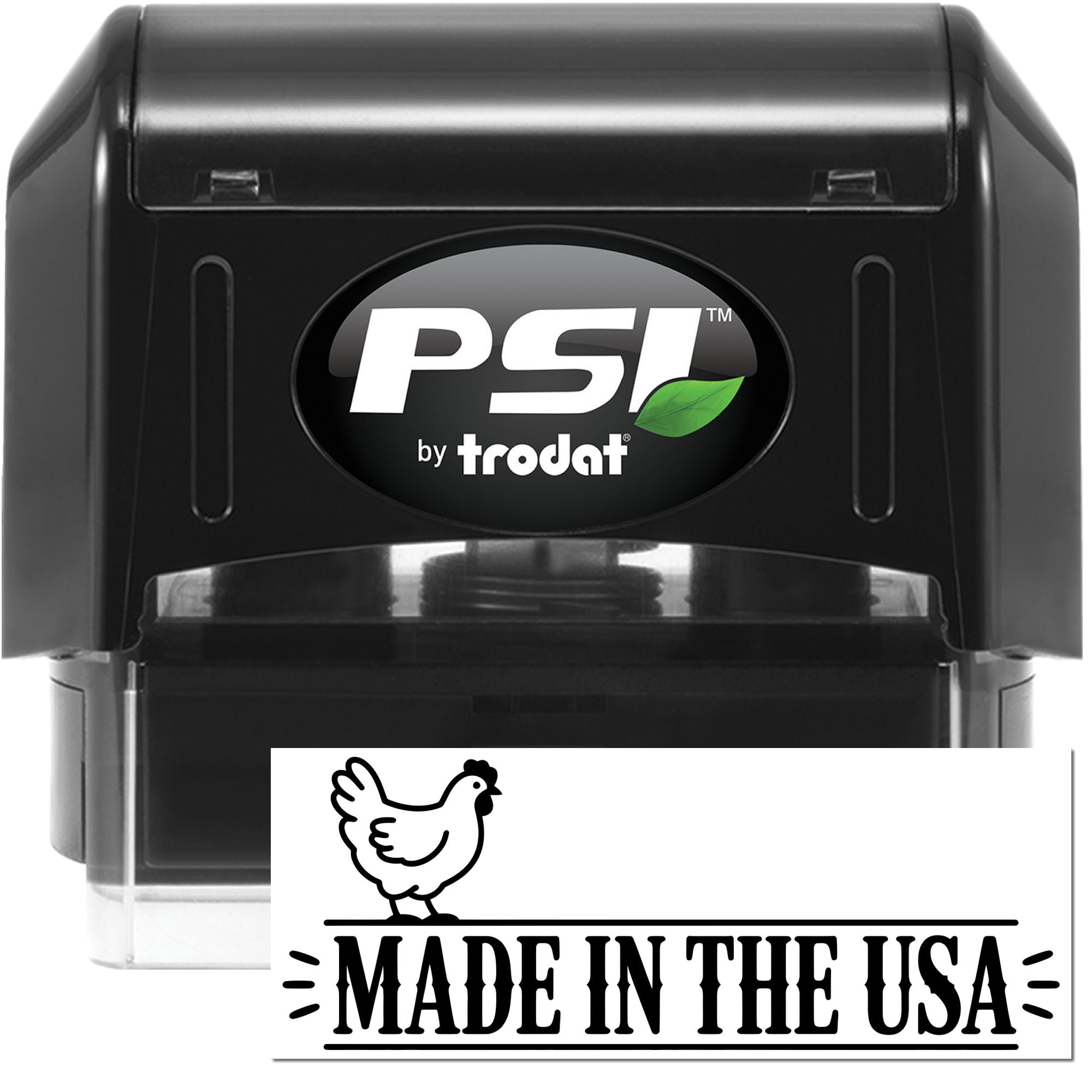 Black PSI by Trodat self-inking stamp and seal with white Made in the USA imprint and chicken logo.