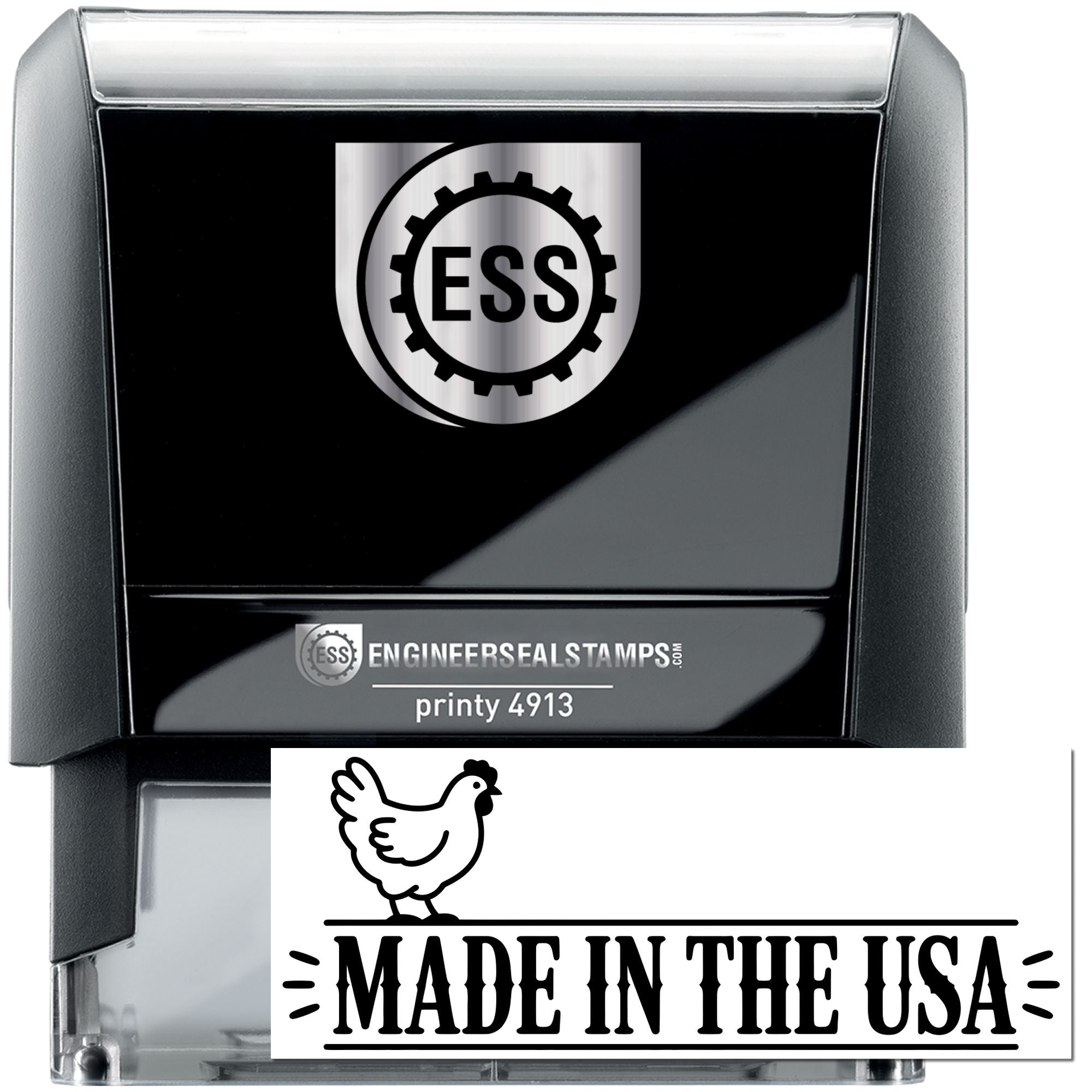 Black and silver ESS self-inking stamp and clear Made in the USA seal stamp with bold white and black branding
