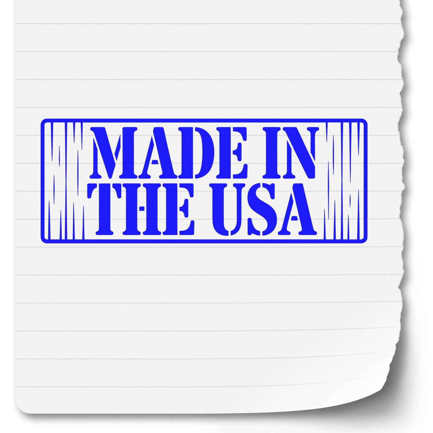 Blue Made in the USA stamp seal on white lined paper, with bold rectangular border.