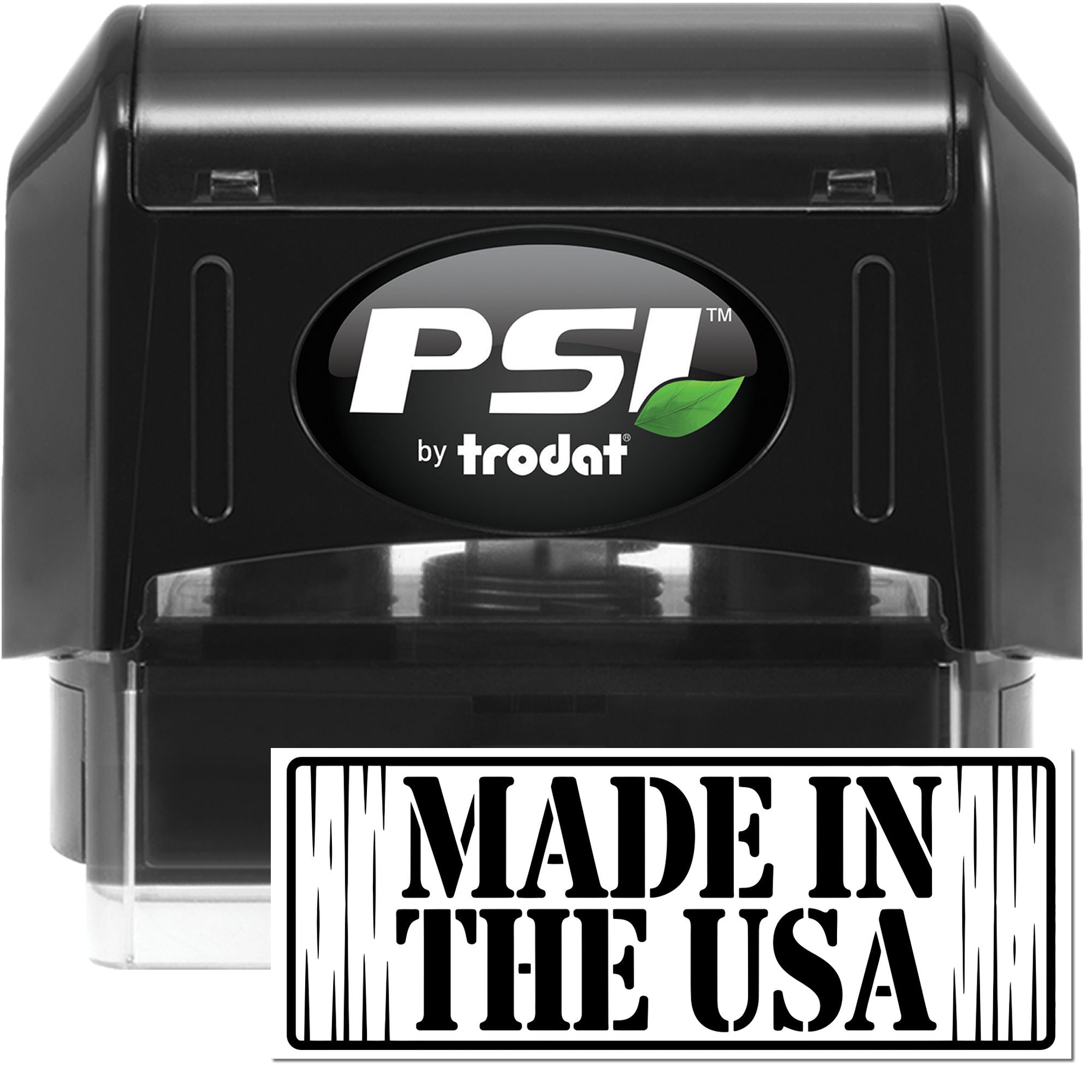 Black PSI by Trodat self-inking stamp and seal in black, with green leaf logo and Made in the USA label.