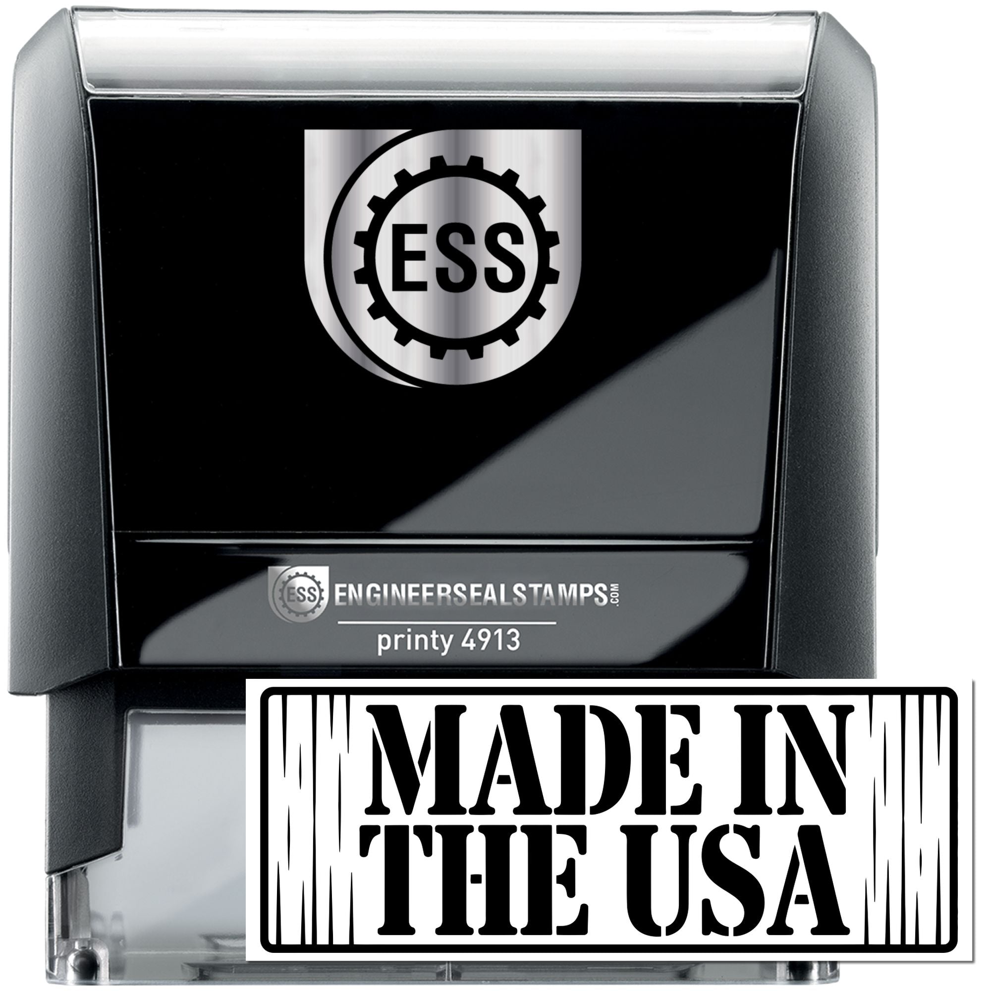 Black and silver self-inking ESS stamp and seal with gear logo, printy 4913, and Made in the USA label