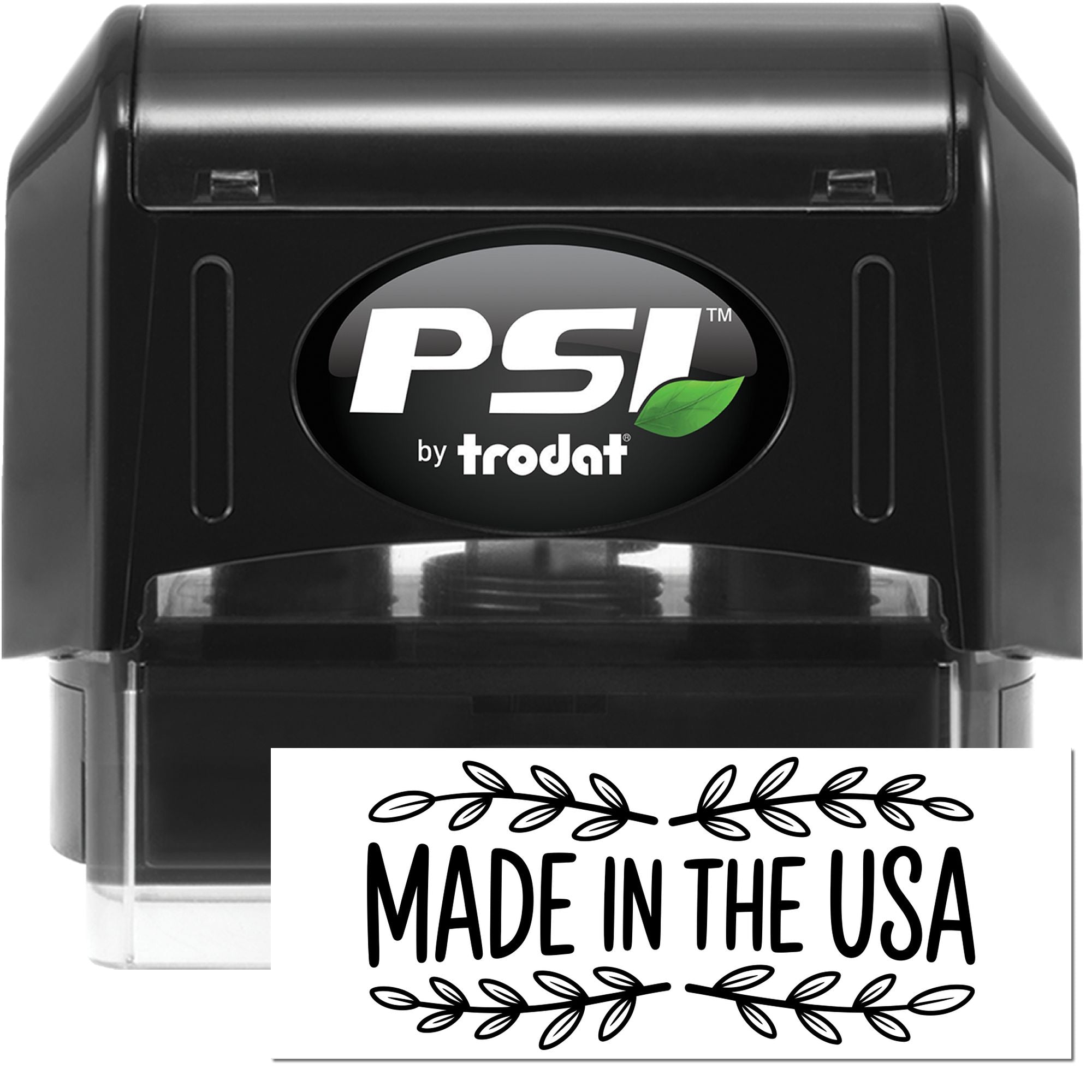 Black PSI by Trodat self-inking stamp and seal, black casing with green leaf logo and Made in the USA design.