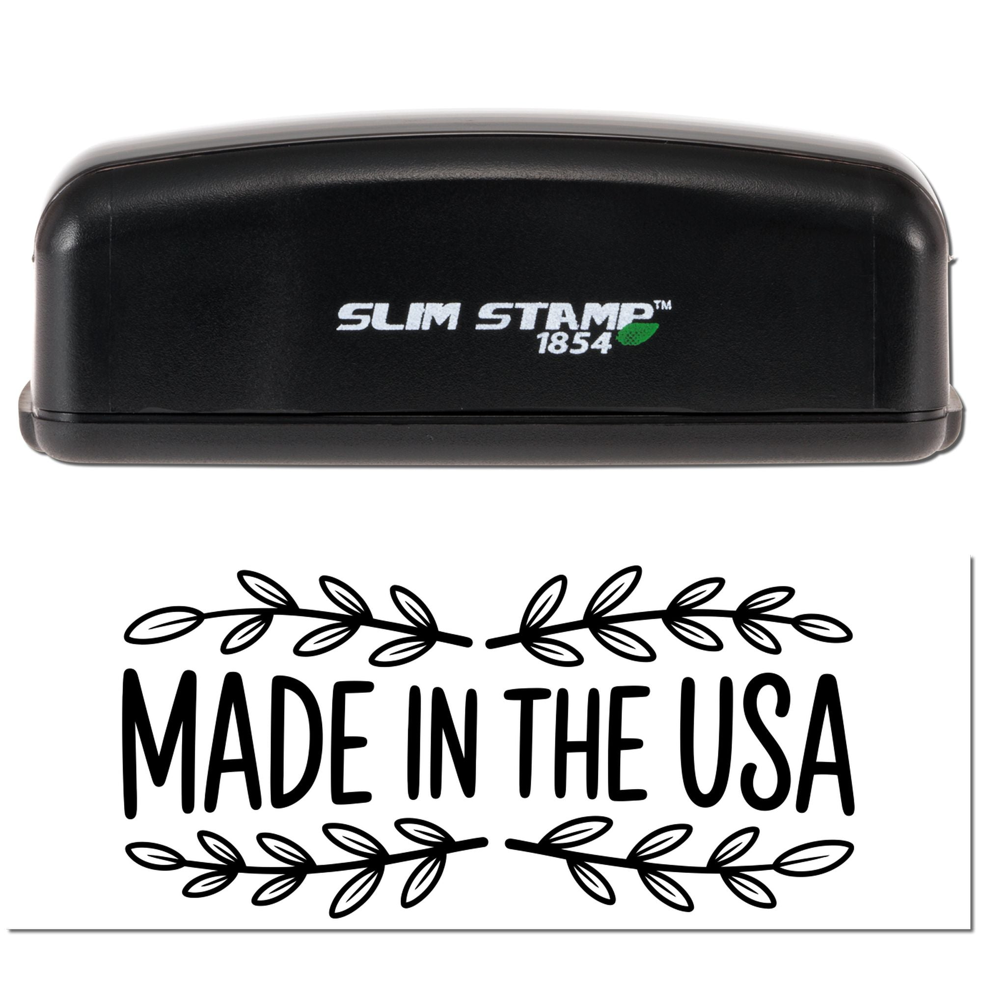 Black Slim Stamp 1854 self-inking stamp with green logo, displaying a black Made in the USA seal on white background.