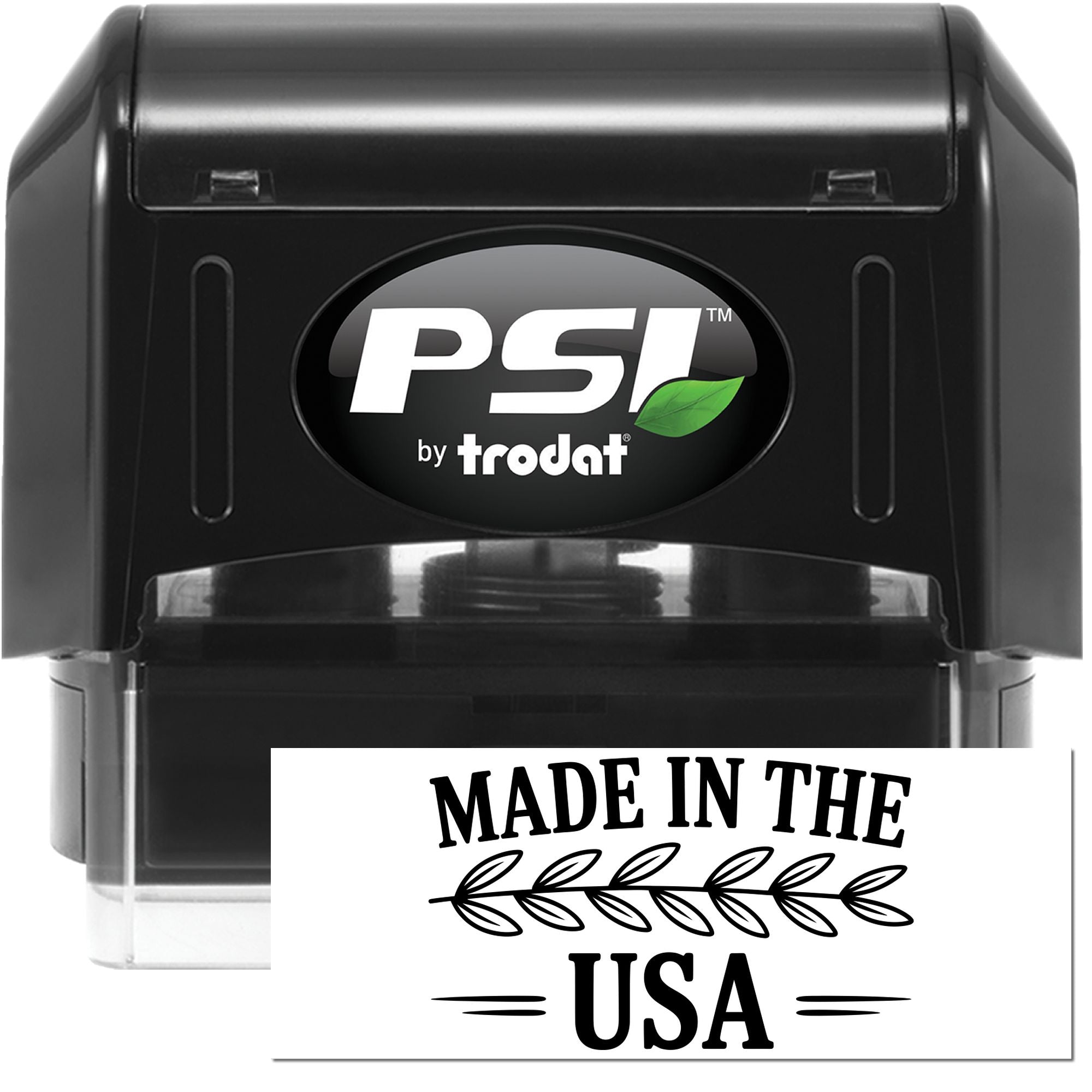 Black PSI by Trodat self-inking stamp with green leaf logo and white Made in the USA seal