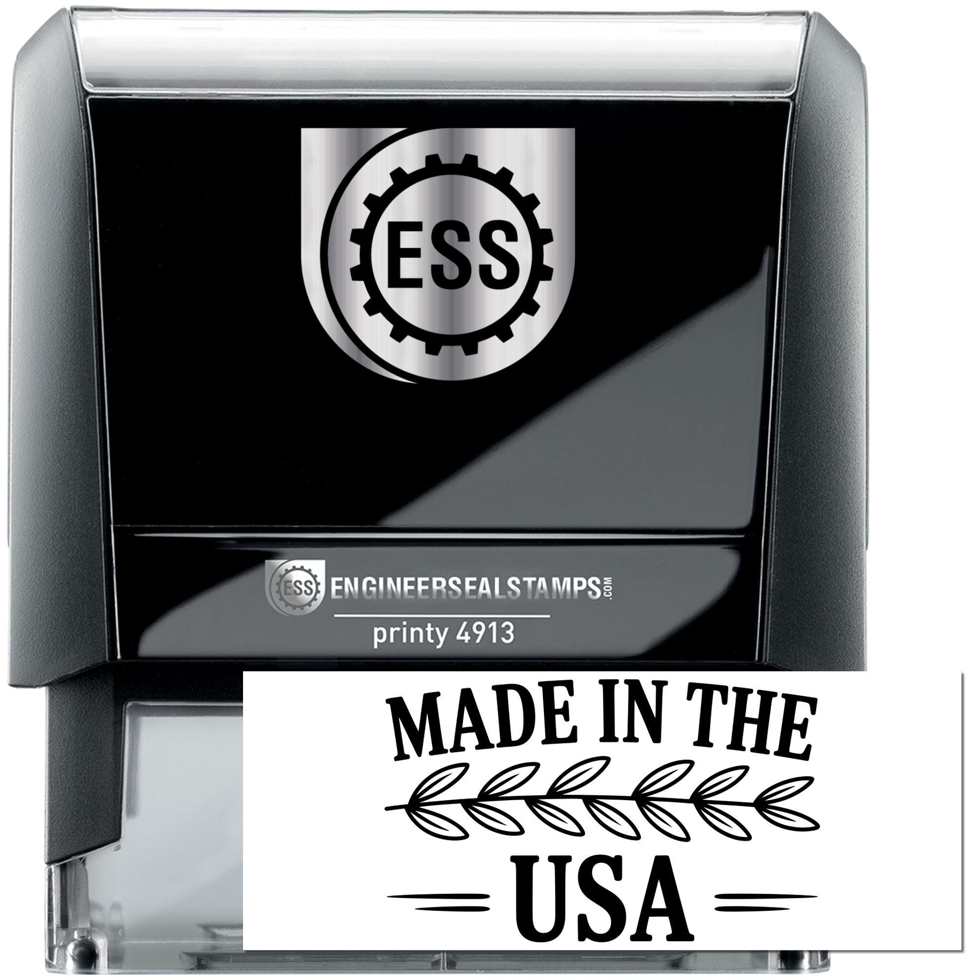 Black and silver ESS engineer seal stamp with gear logo and Made in the USA imprint