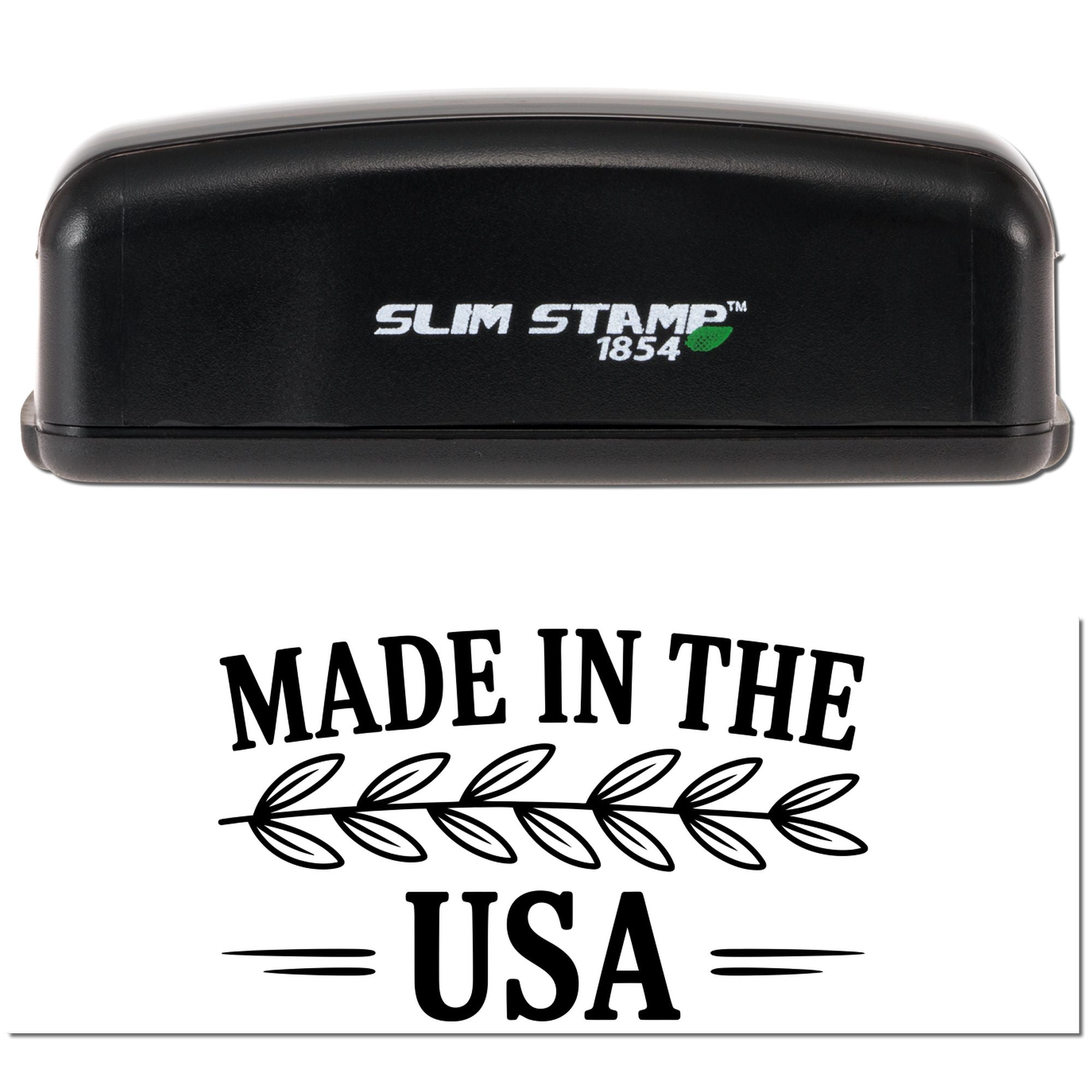 Black Slim Stamp 1854 self-inking stamp with bold Made in the USA seal and leaf design in black on white.