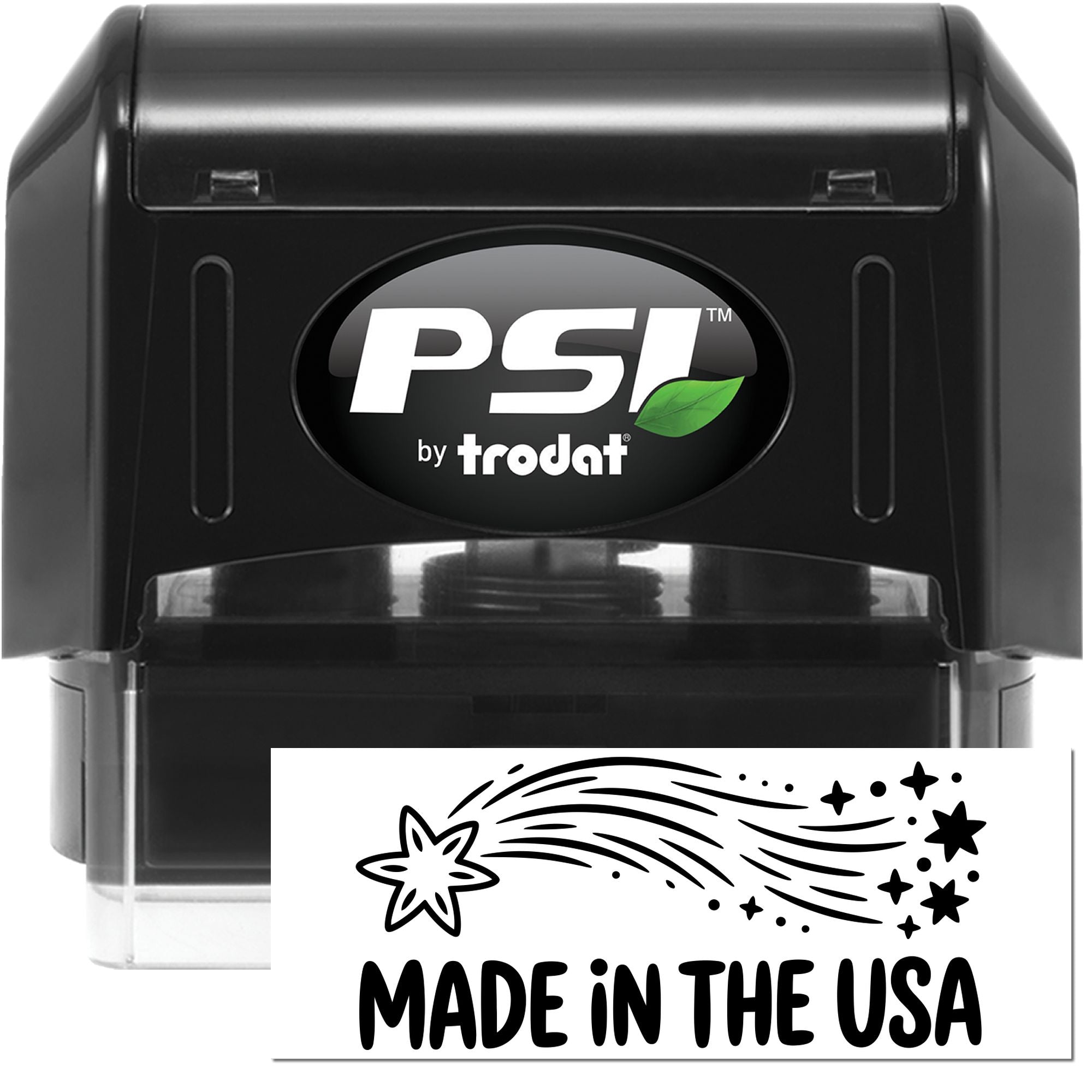 Black PSI by Trodat self-inking stamp and seal with green leaf logo and white Made in the USA mark.