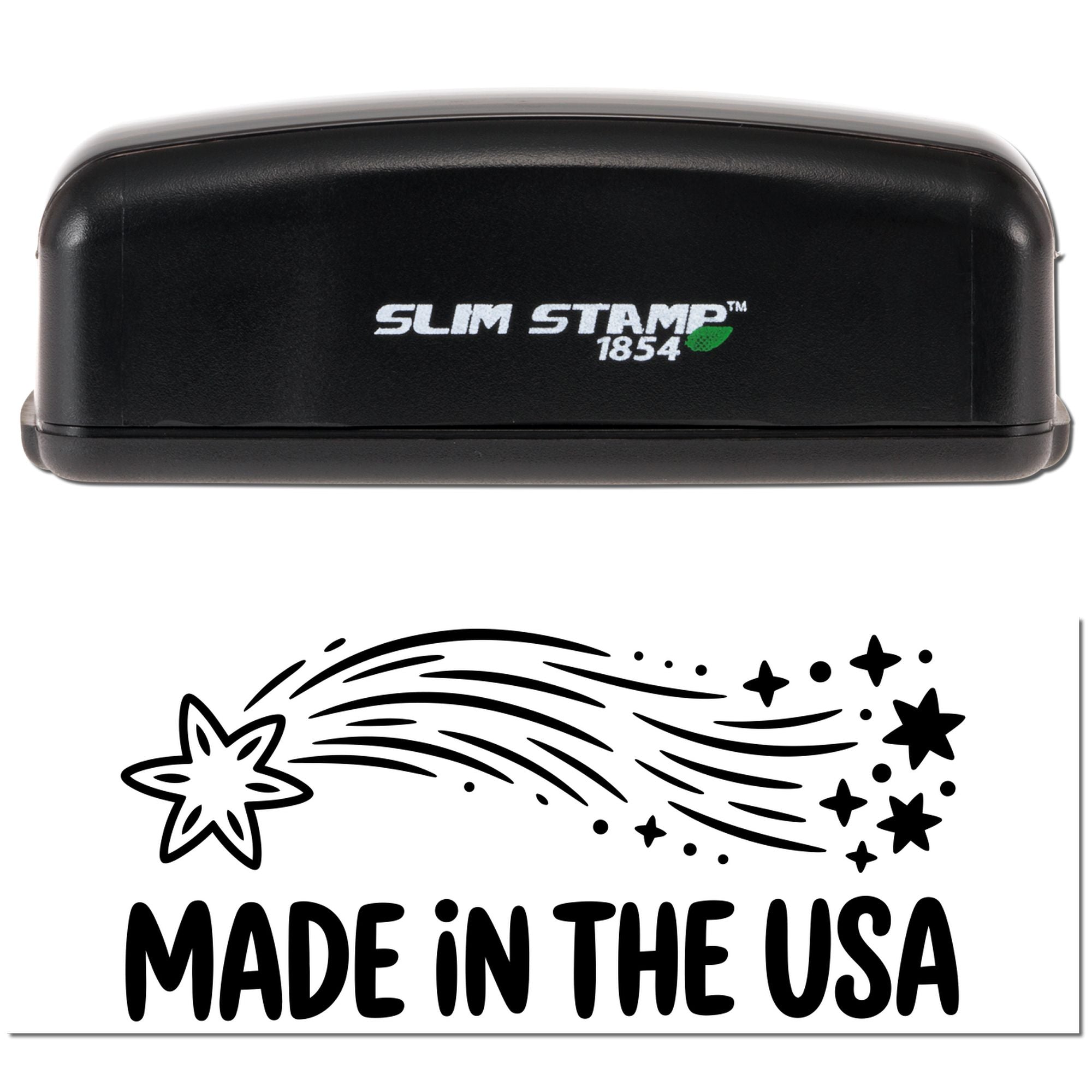Black Slim Stamp 1854 self-inking stamp and seal with white Made in the USA text and star trail graphic.