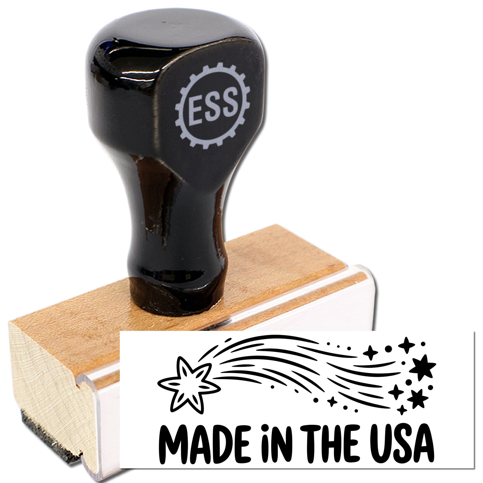 Black ESS rubber stamp with wooden base and Made in the USA seal design.