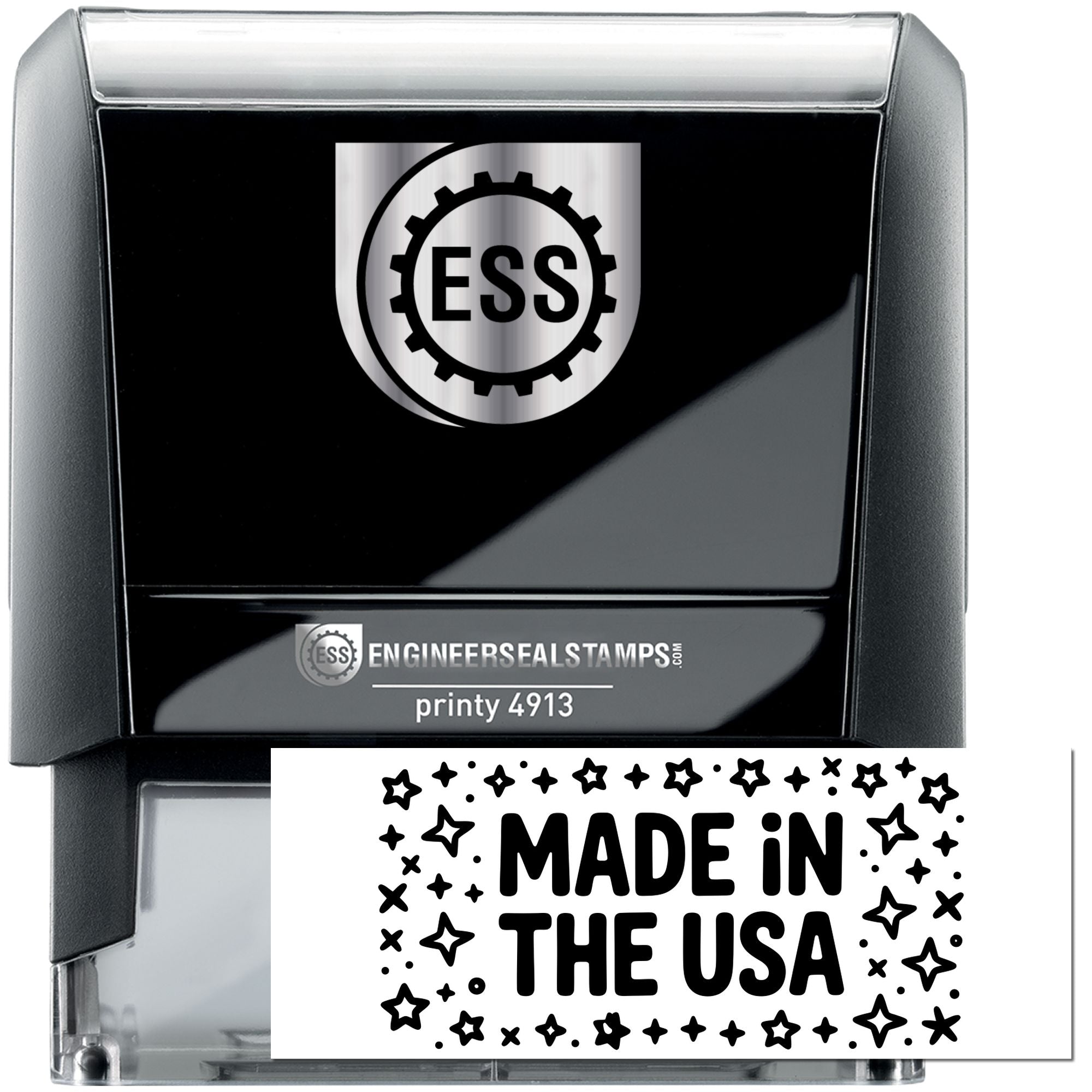 Black and silver ESS engineer seal stamp, self-inking, with Made in the USA label