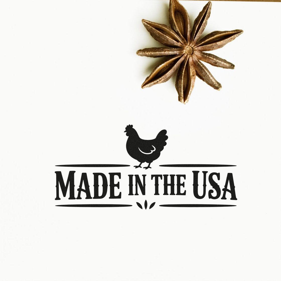 Star anise and black Made in the USA chicken stamp seal on white background