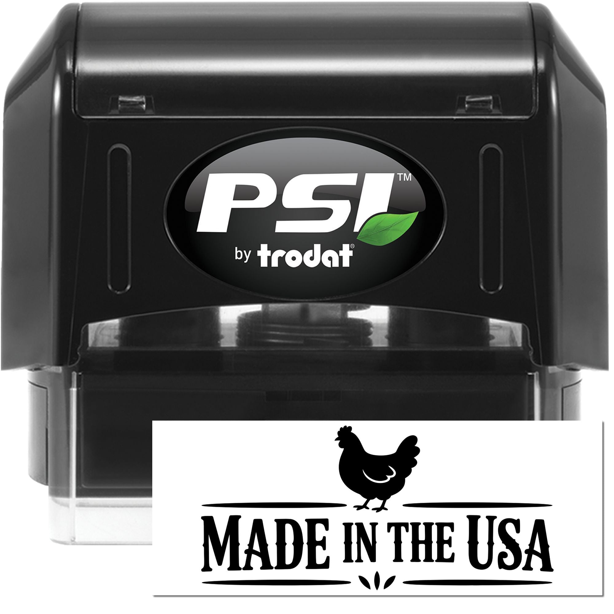 Black PSI by Trodat self-inking stamp with Made in the USA seal impression and chicken icon