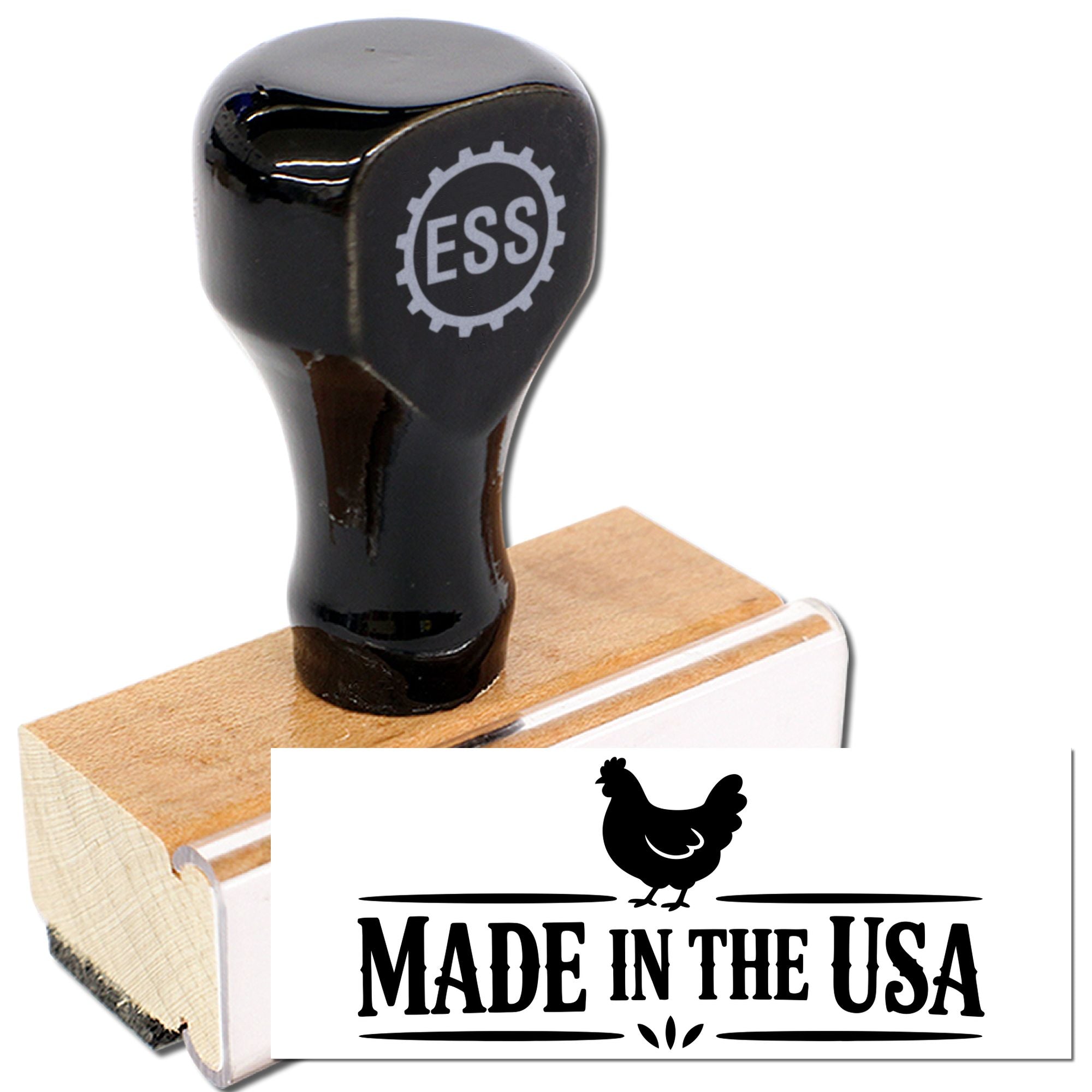 Black ESS rubber stamp on wooden handle with a Made in the USA seal design.