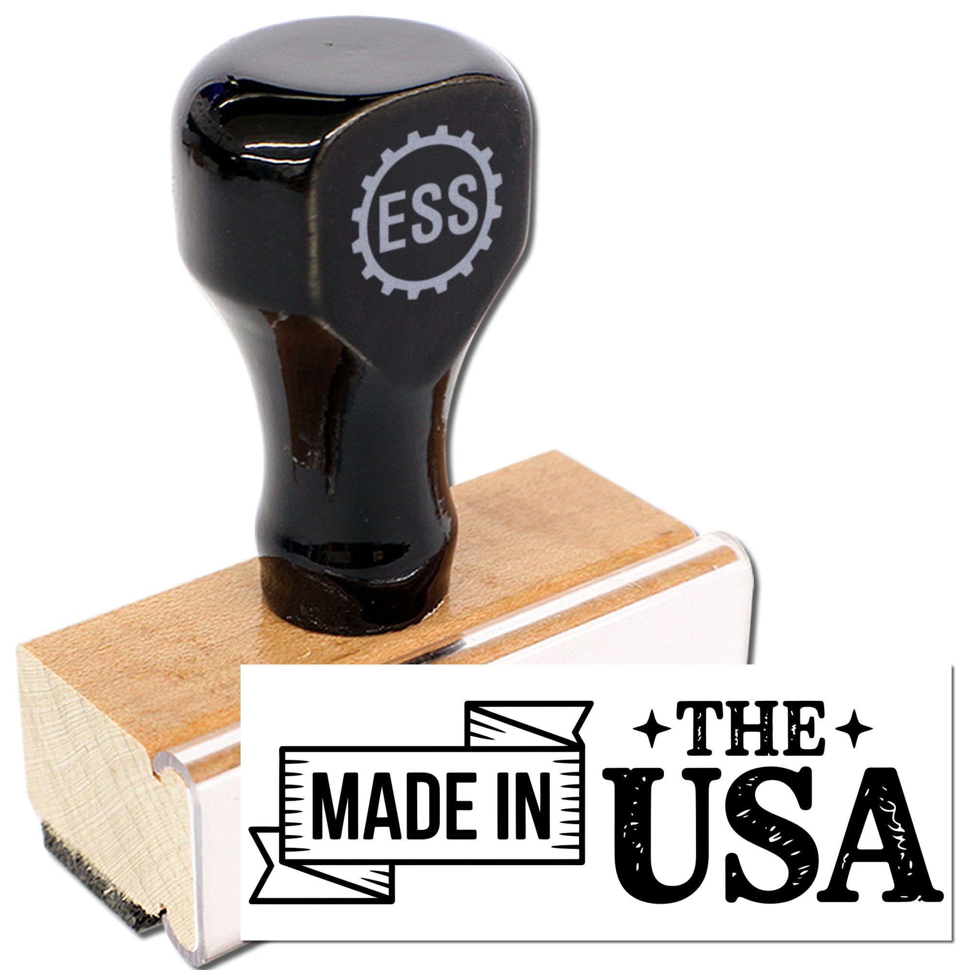 Black rubber stamp and wooden seal with ESS logo, displaying bold Made in USA imprint on white.