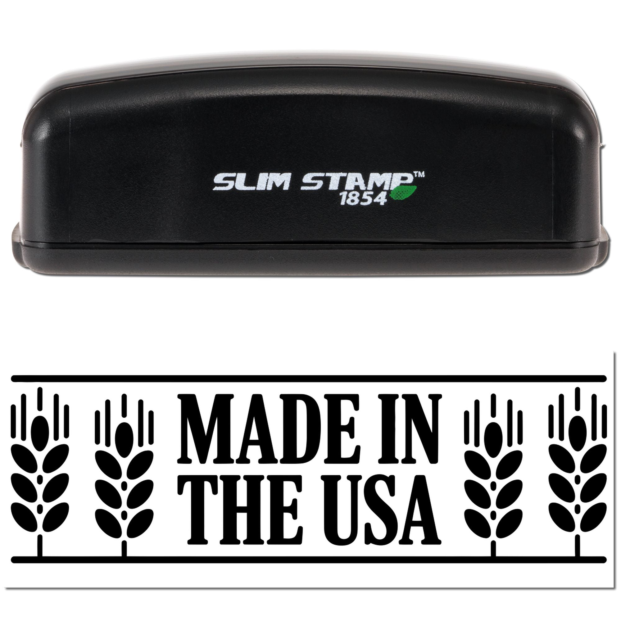 Black Slim Stamp 1854 self-inking stamp above a bold black Made in the USA seal with wheat graphics.