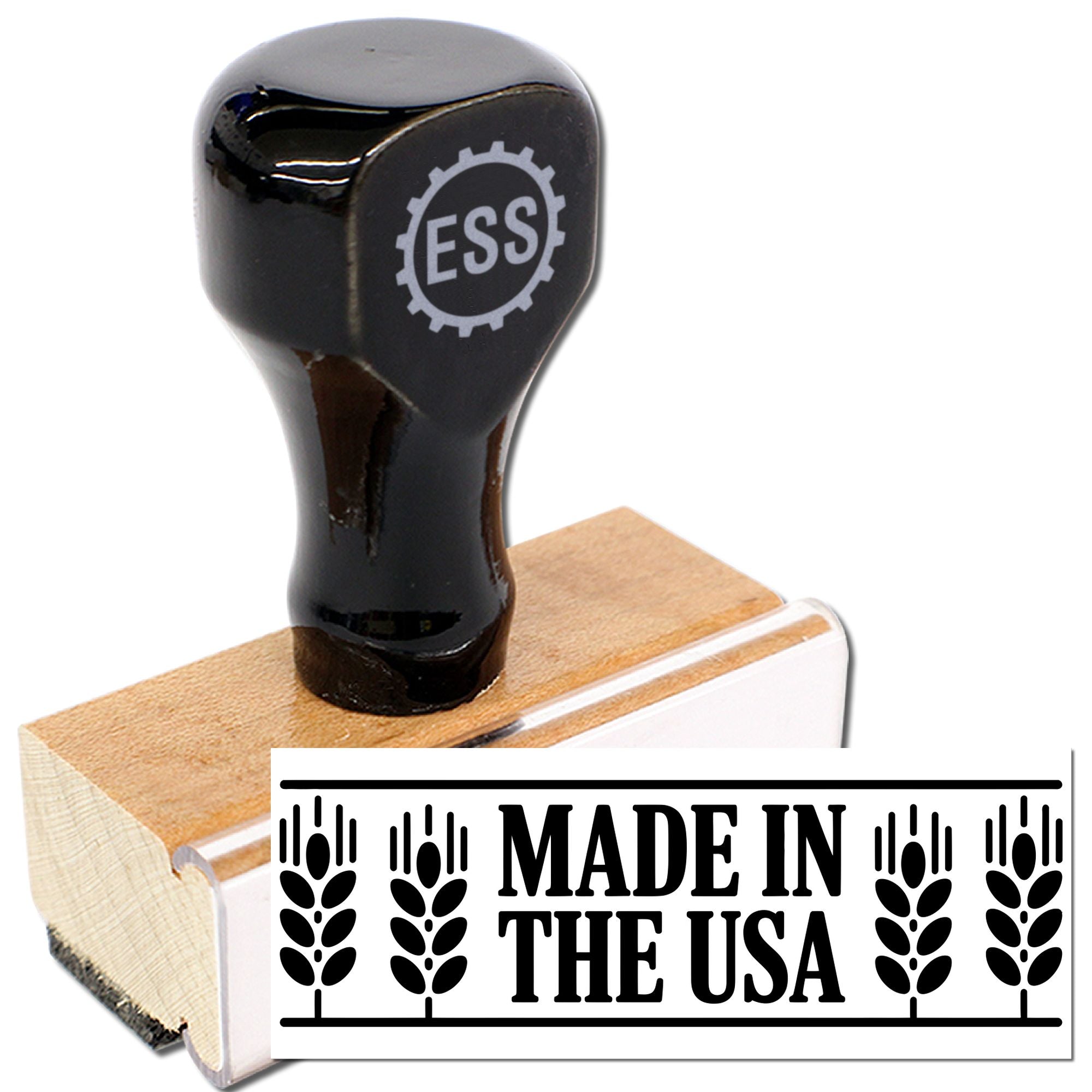 Glossy black stamp and wooden seal block with ESS logo and MADE IN THE USA imprint on white background.