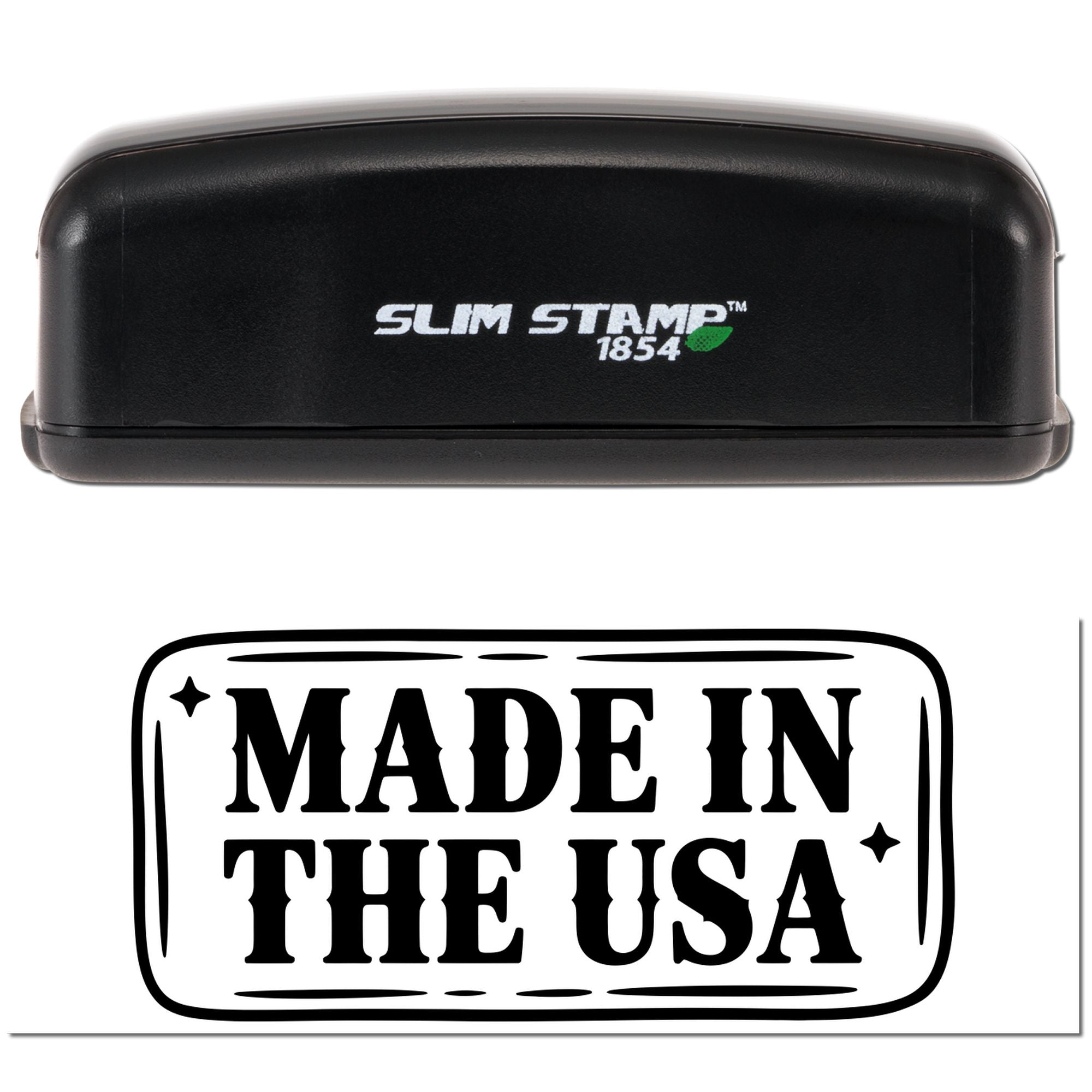 Black Slim Stamp 1854 stamp and seal with white logo, above a bold black Made in the USA seal impression.