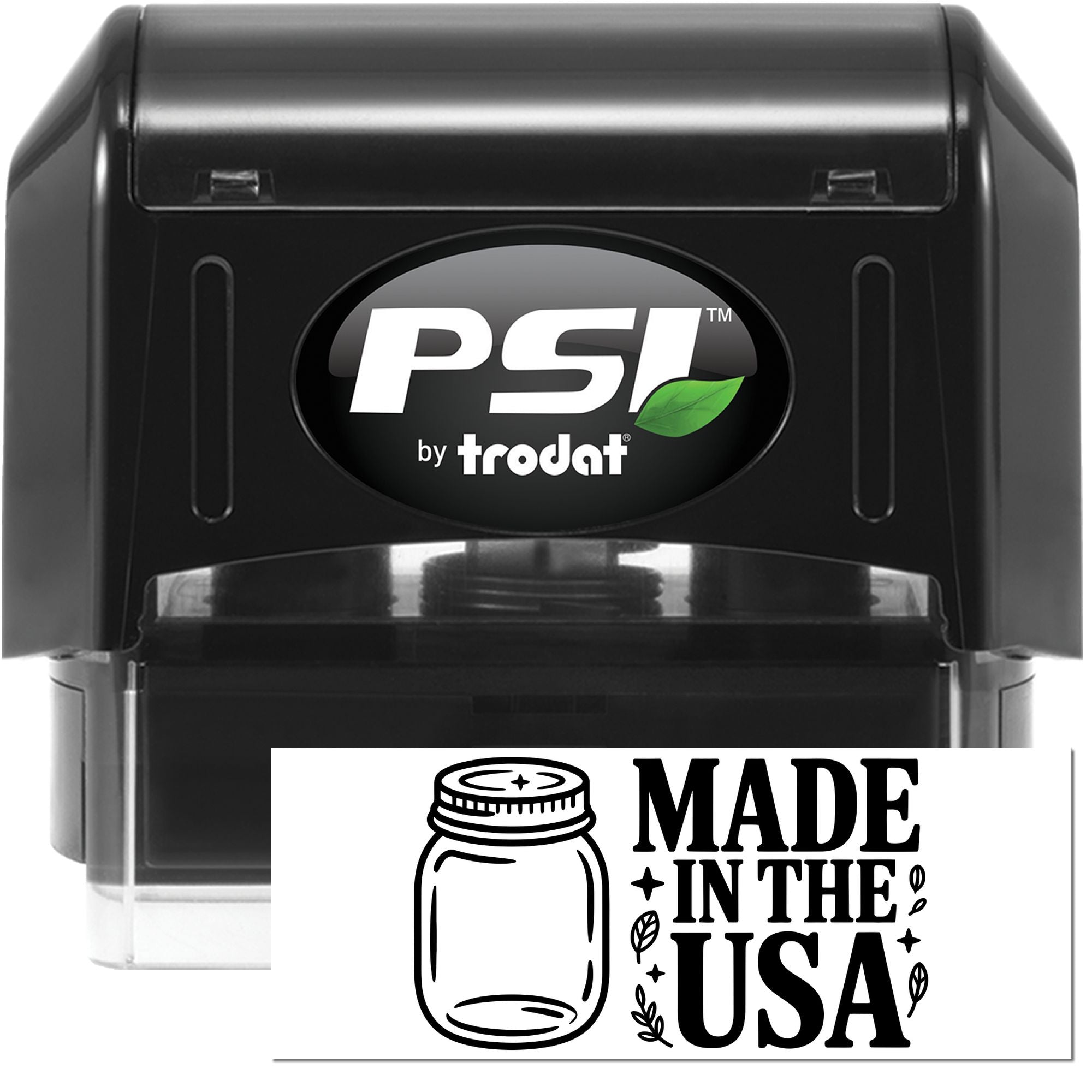 Black PSI by Trodat self-inking stamp with Made in the USA seal and green leaf logo on white background.