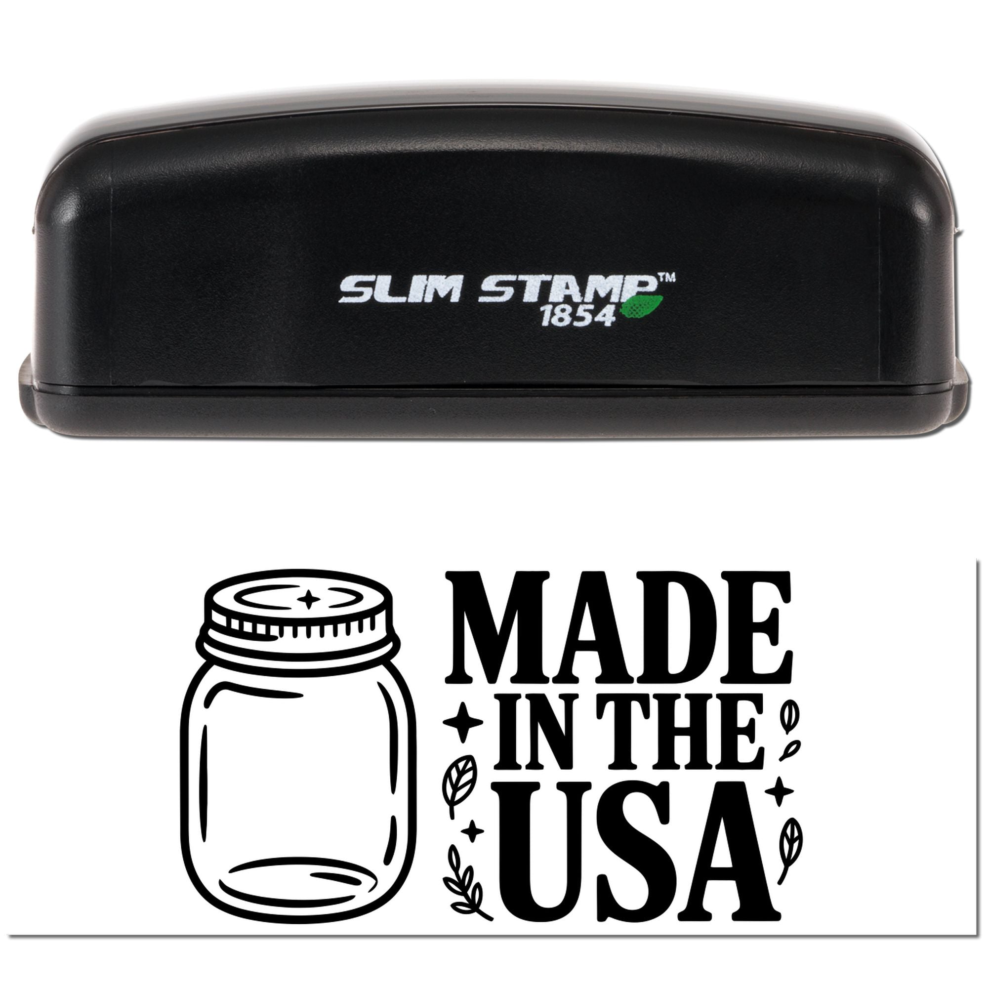 Black Slim Stamp 1854 stamp and seal with Made in the USA jar logo on a white background.