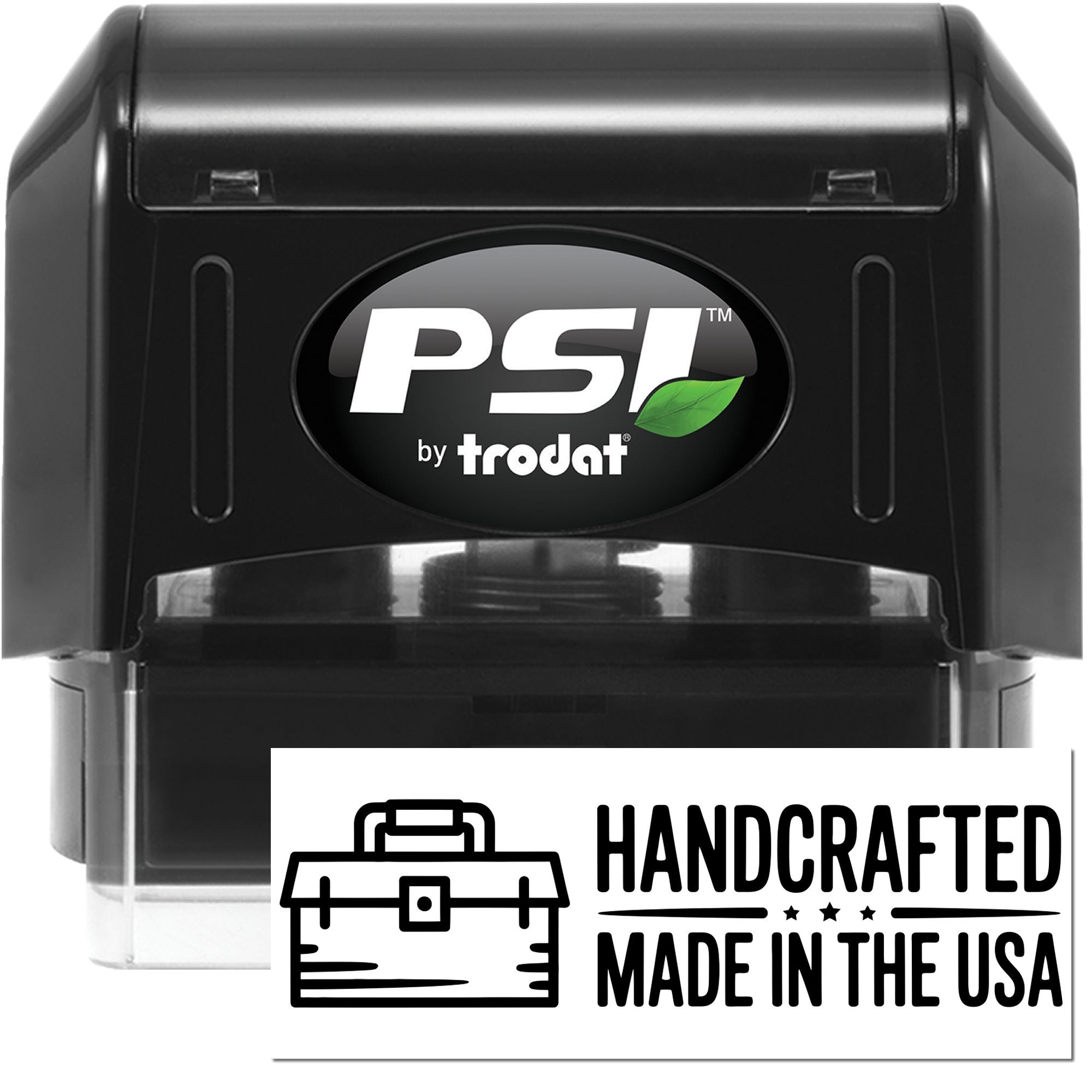 Black PSI by Trodat self-inking stamp with handcrafted Made in the USA seal and green leaf logo