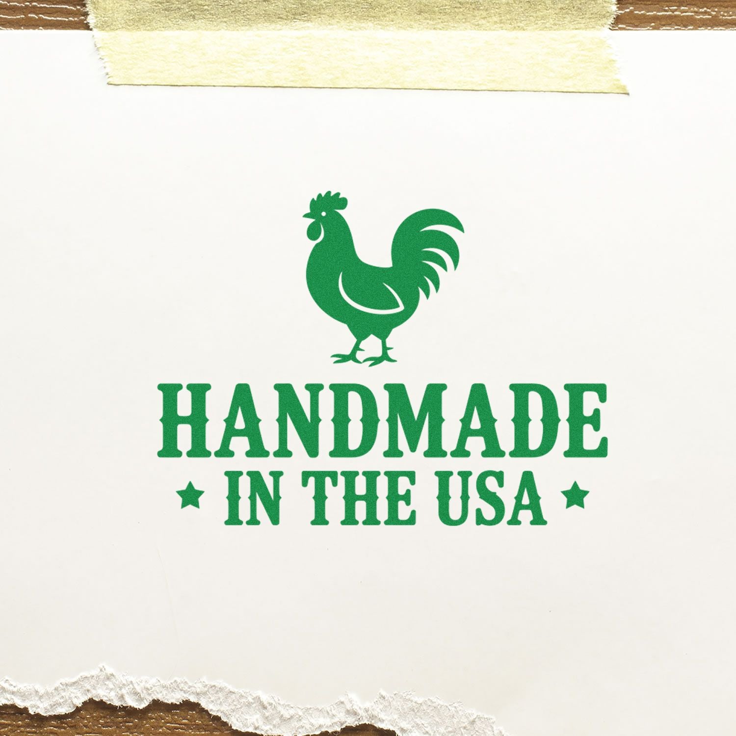Green rooster stamp and seal with Handmade in the USA in bold green on white paper, torn edge and tape detail.