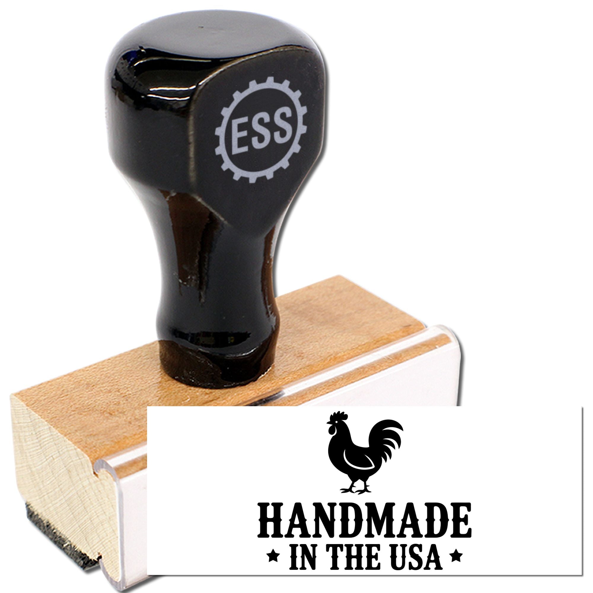 Black ESS stamp and seal set with wooden mount, rooster emblem, and Handmade in the USA text