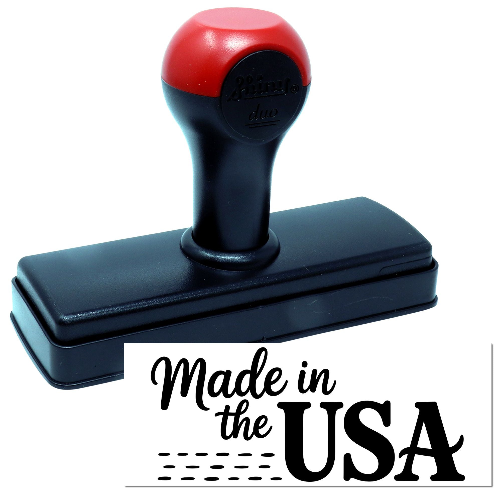 Black and red rubber stamp with black base and Made in the USA seal text.