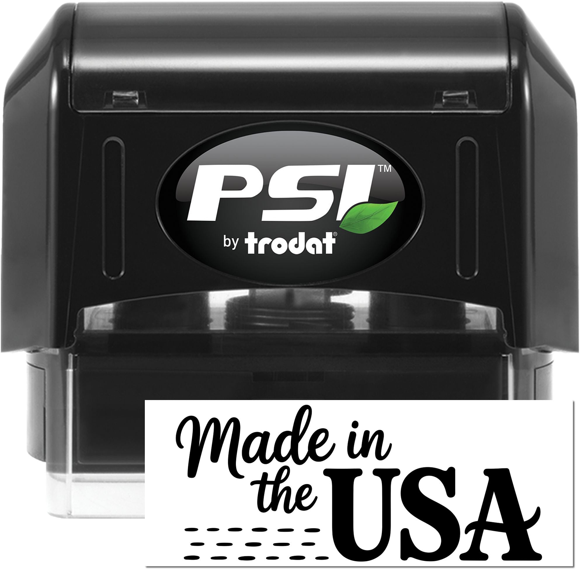 Black PSI by Trodat stamp and seal with green leaf logo, showing a Made in the USA imprint.