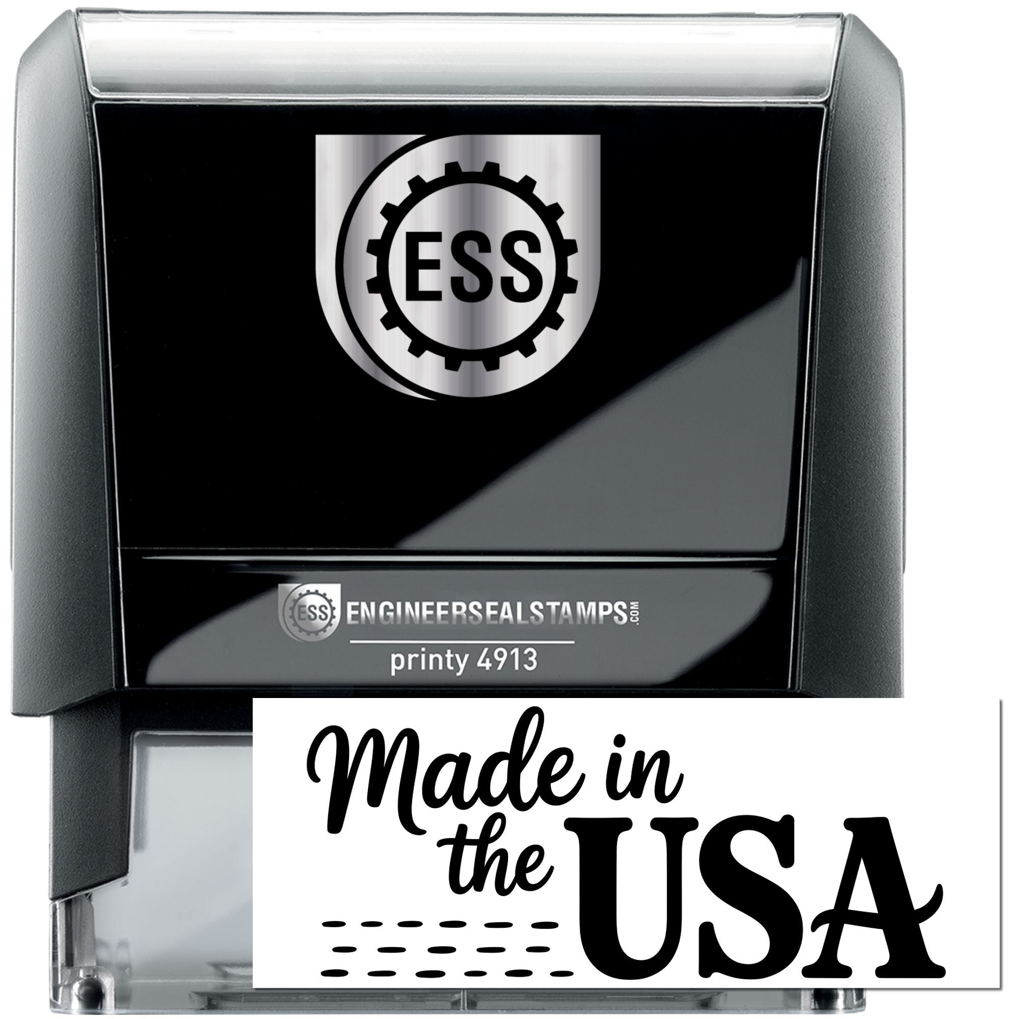 Black self-inking engineer seal stamp with ESS gear logo and Made in the USA branding, silver accents.