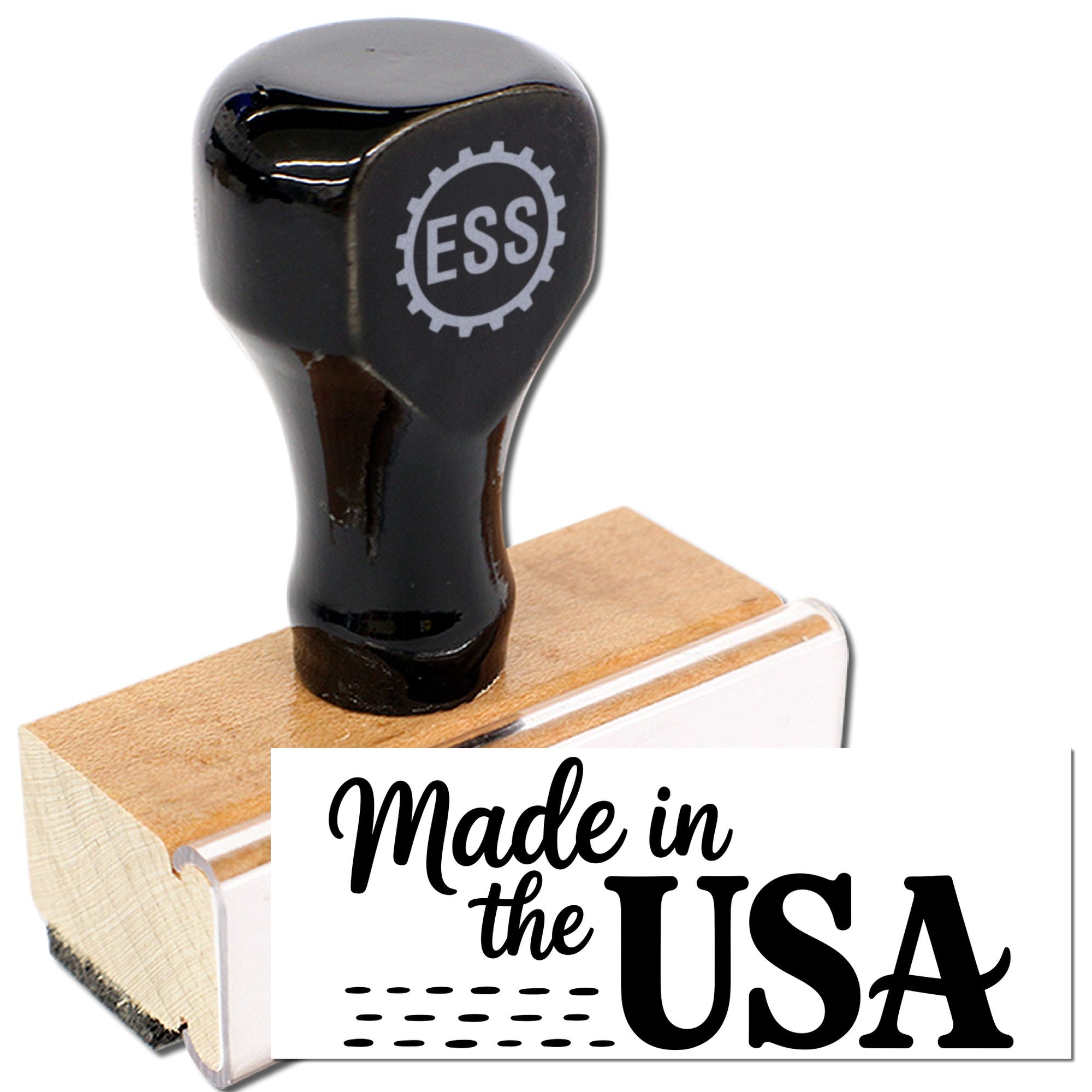 Black self-inking stamp with ESS logo and wooden base, paired with a Made in the USA seal on white background.