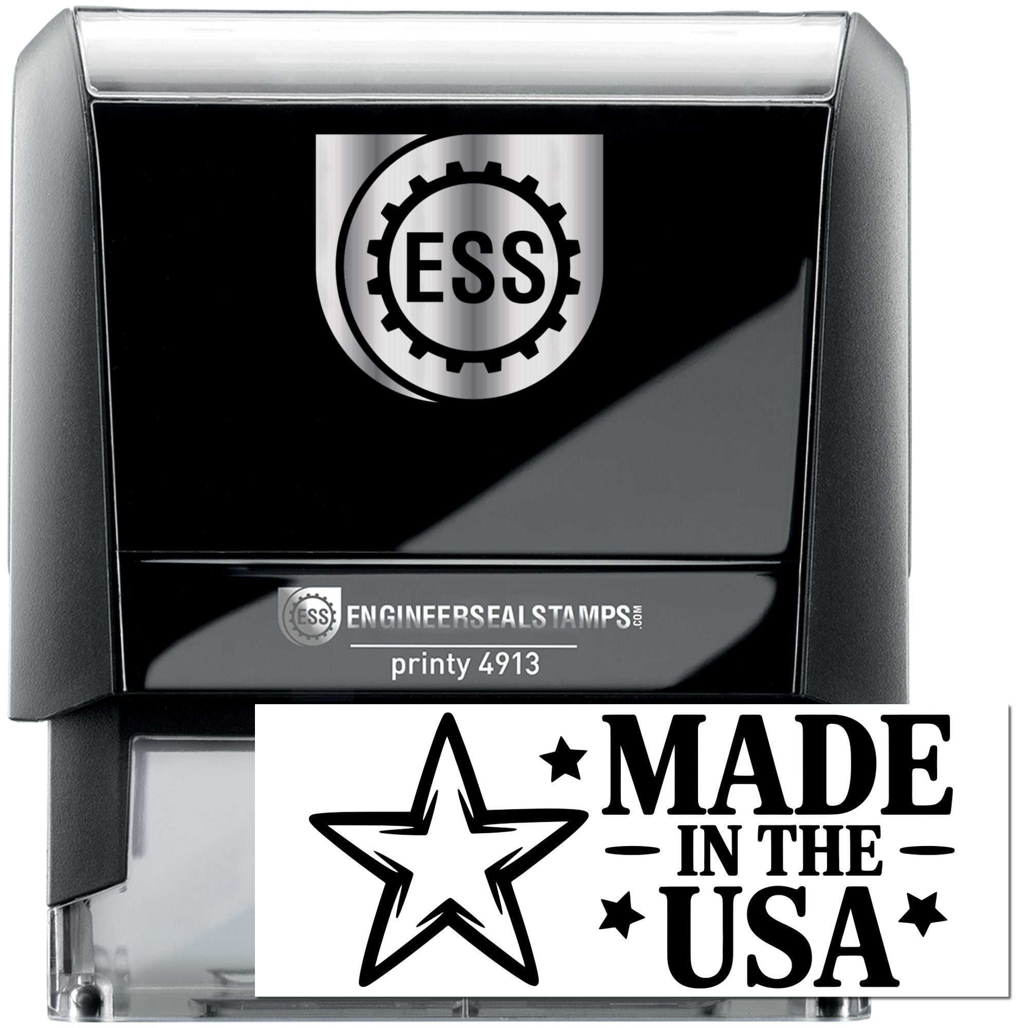 Black and silver ESS self-inking stamp and seal, with gear logo, printy 4913, and Made in the USA marking.