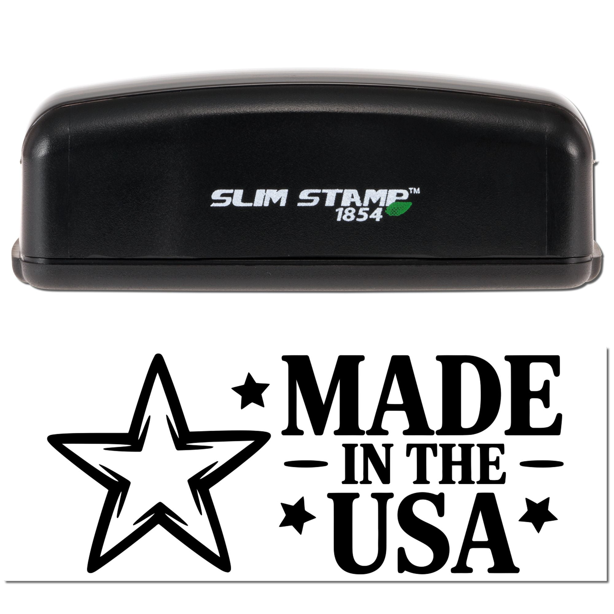 Black Slim Stamp 1854 self-inking stamp and seal with Made in the USA text and star design on white background.