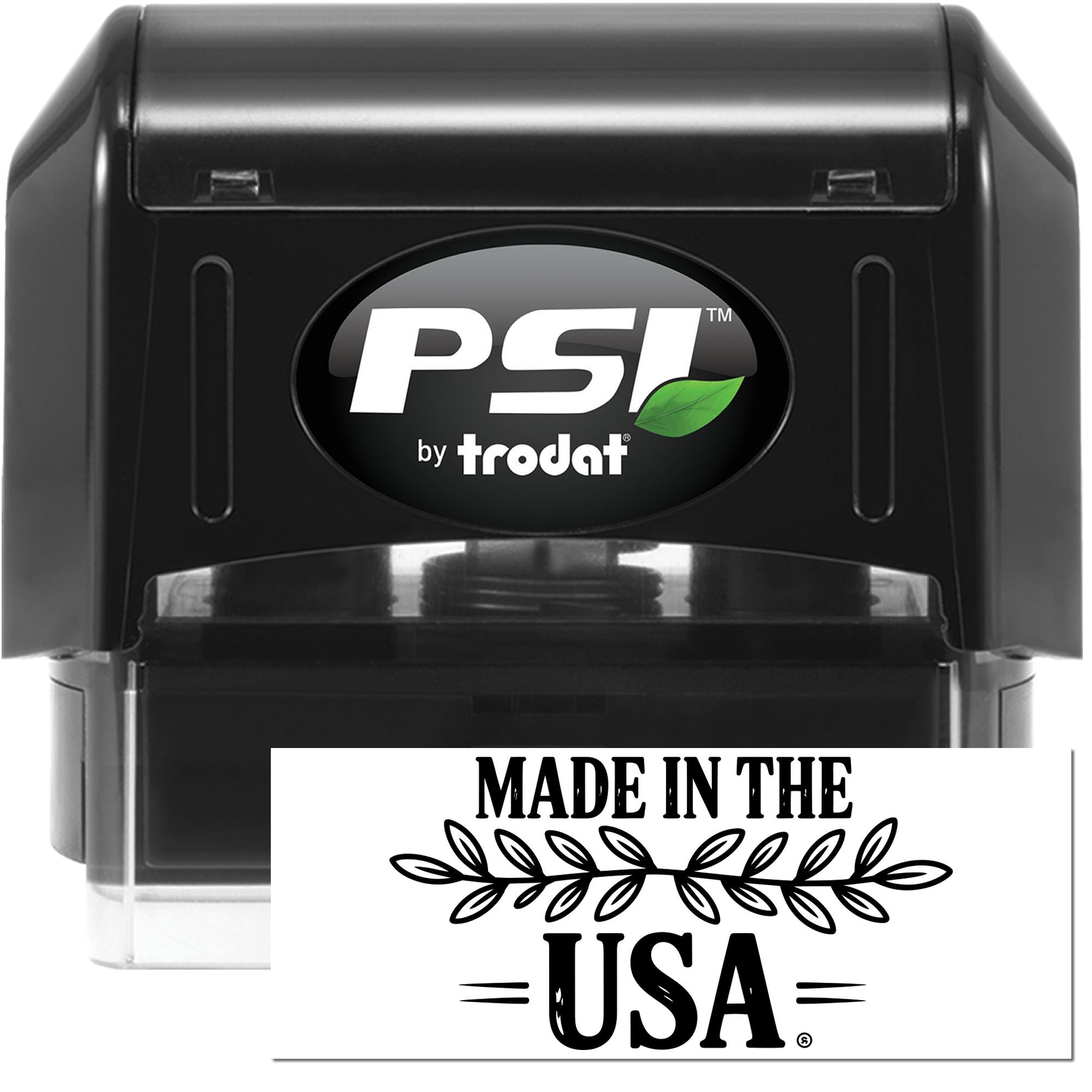 Black PSI by Trodat self-inking stamp with green leaf logo and white Made in the USA seal.
