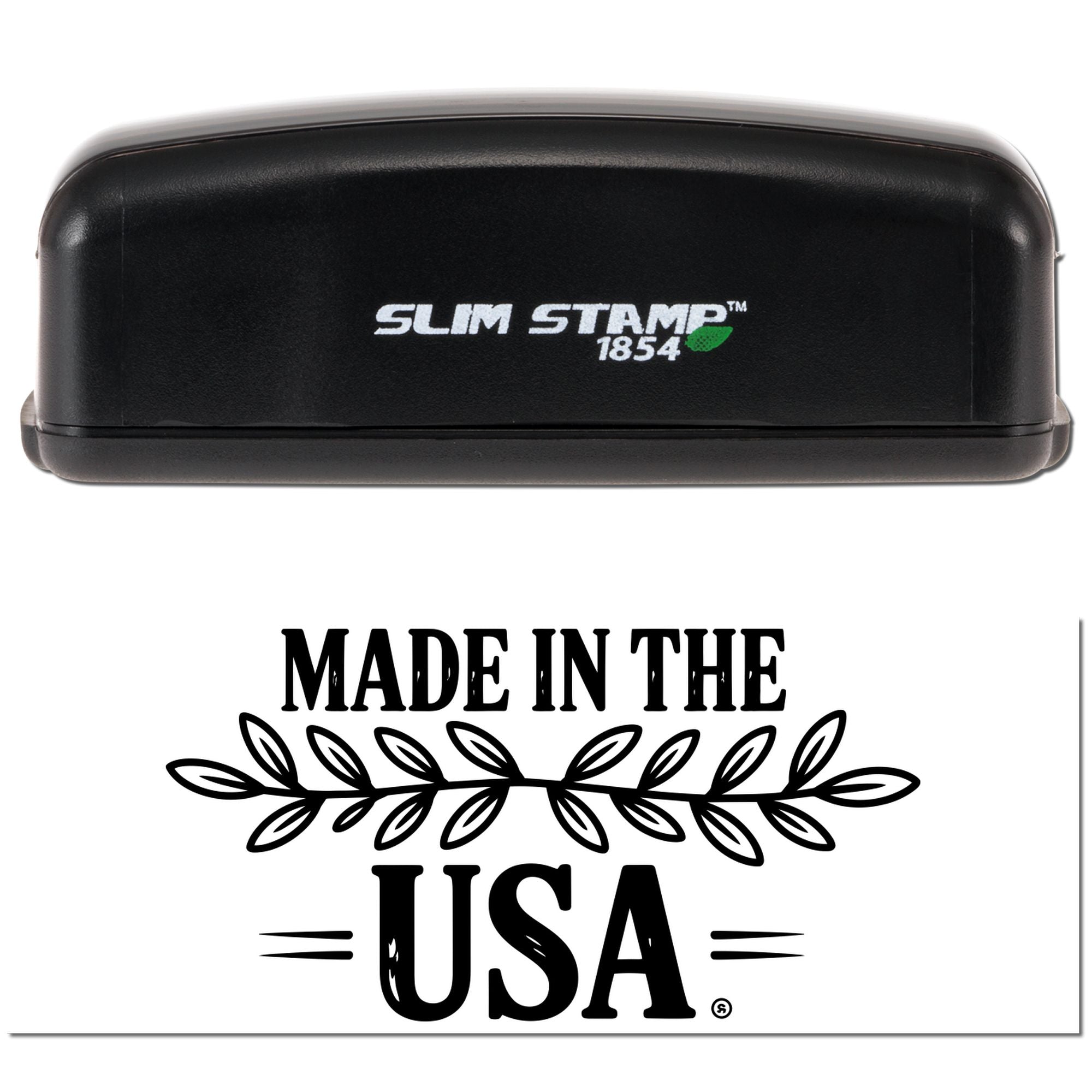 Black Slim Stamp 1854 self-inking stamp above a black Made in the USA seal with laurel design on white background.