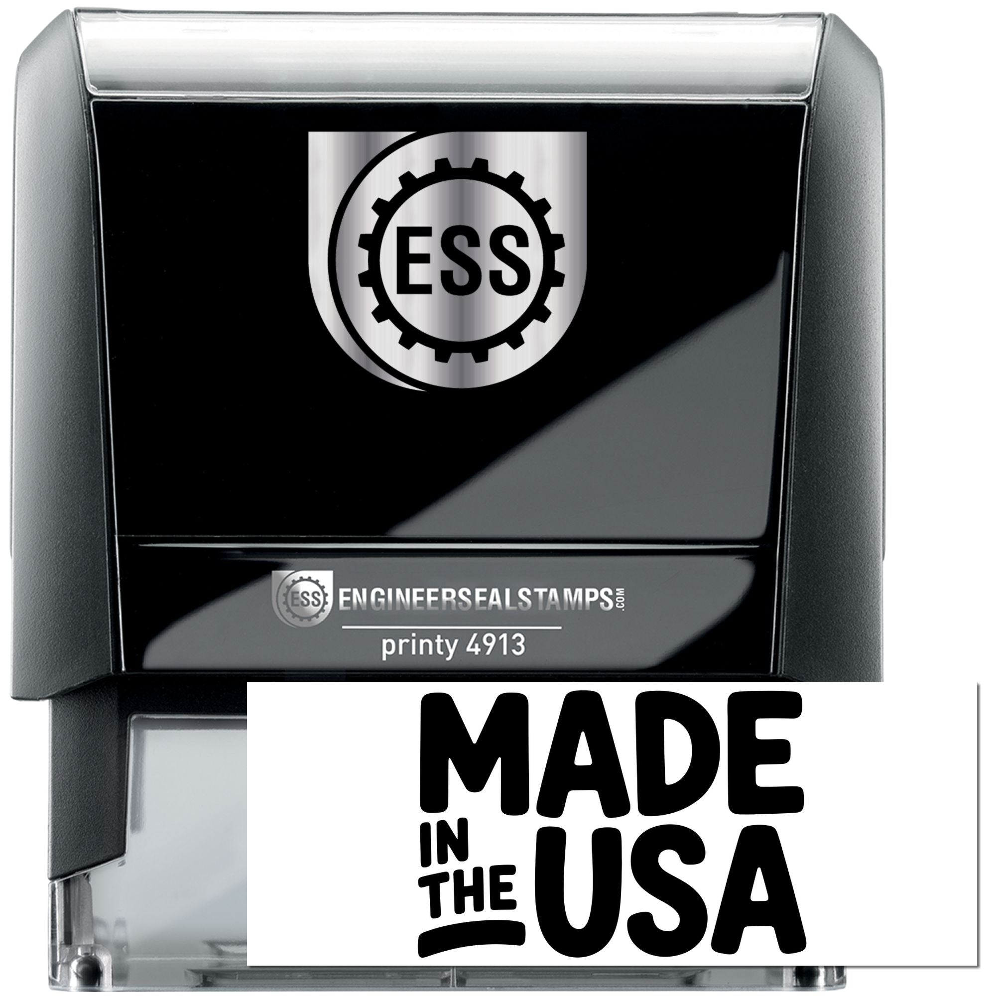 Black self-inking engineer seal stamp with silver top, ESS logo, and Made in USA label