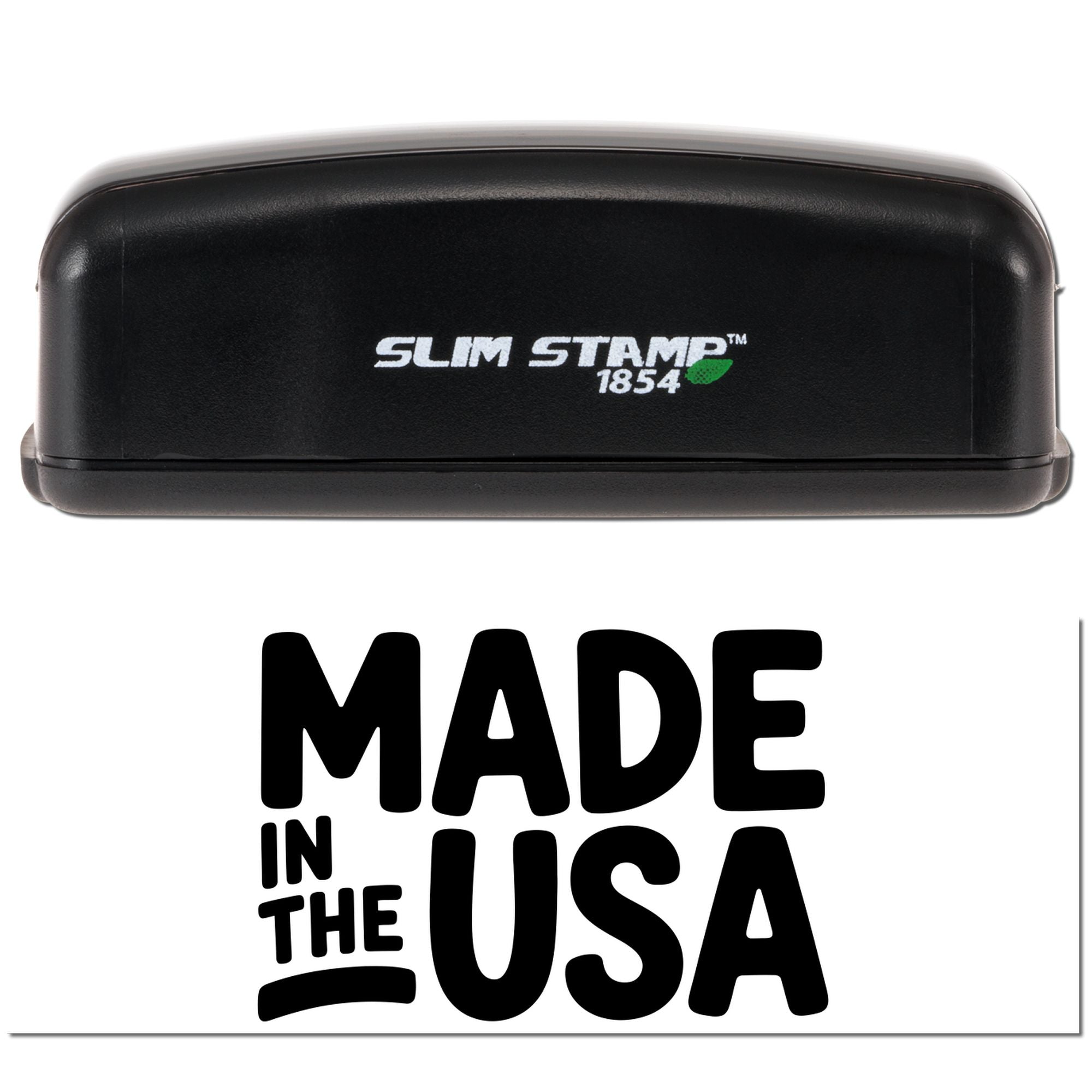 Black Slim Stamp 1854 self-inking stamp and seal with green logo above bold Made in the USA text.