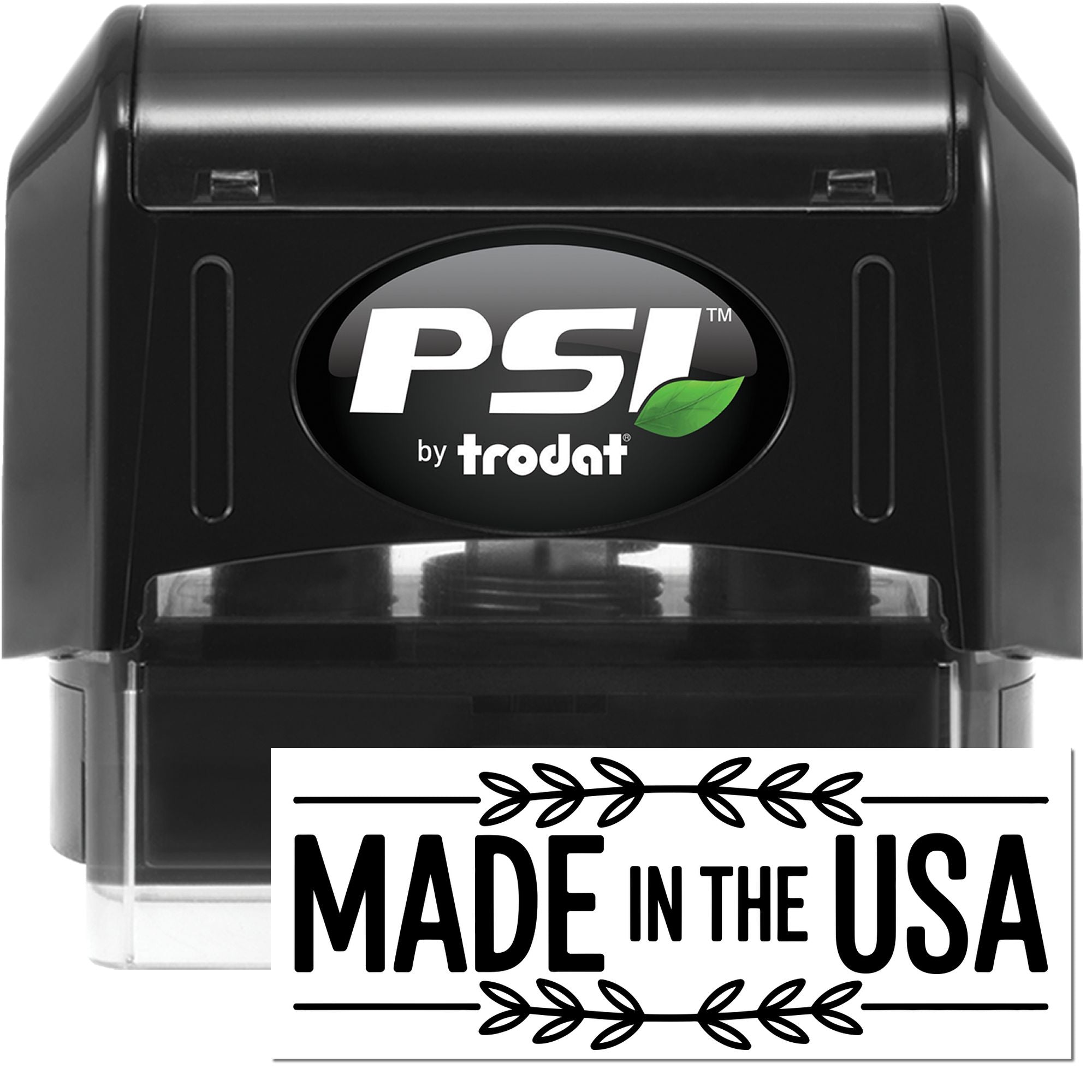 Black PSI by Trodat self-inking stamp and seal with green leaf logo and Made in the USA label.