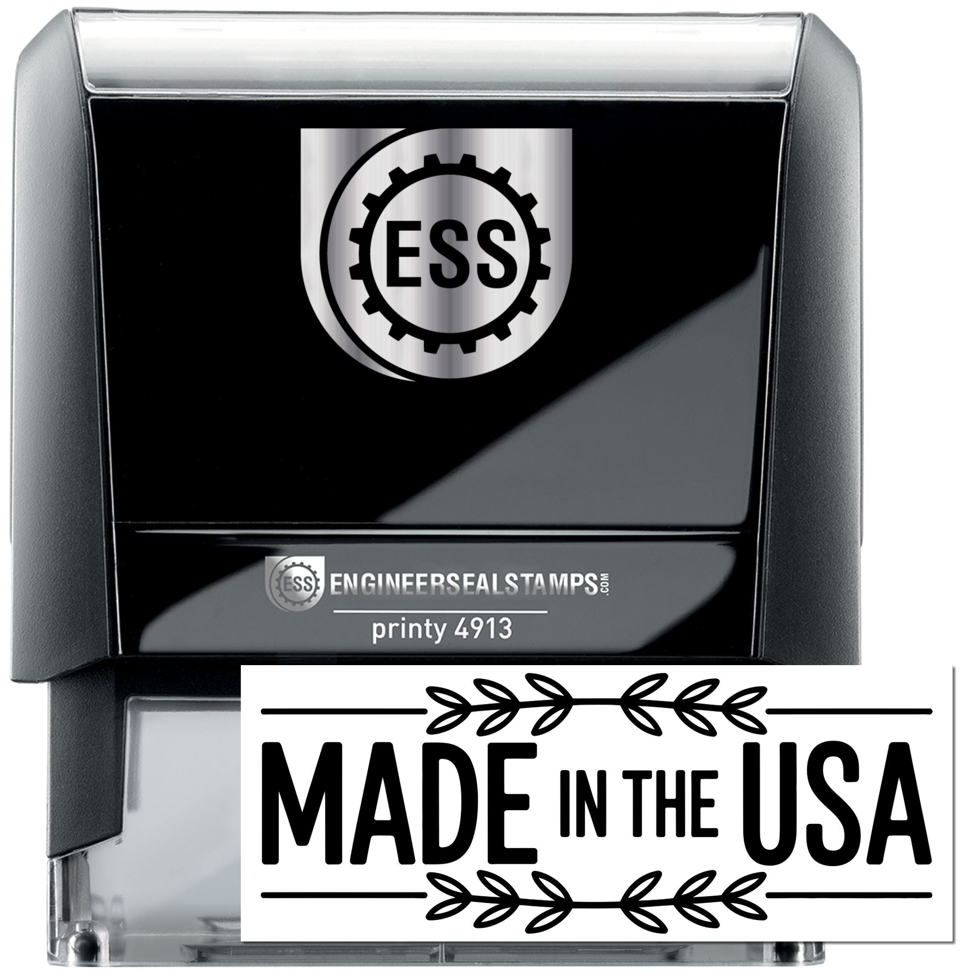 Black ESS self-inking stamp with silver logo and white Made in the USA seal label.