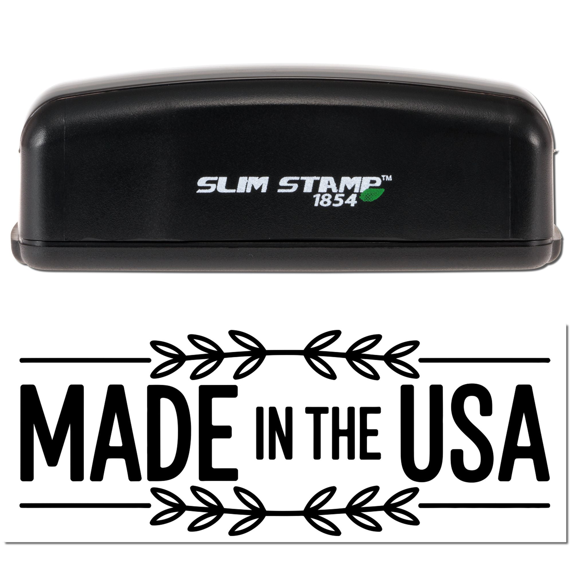 Black Slim Stamp 1854 embosser in black with green leaf logo above a bold Made in the USA seal in black.