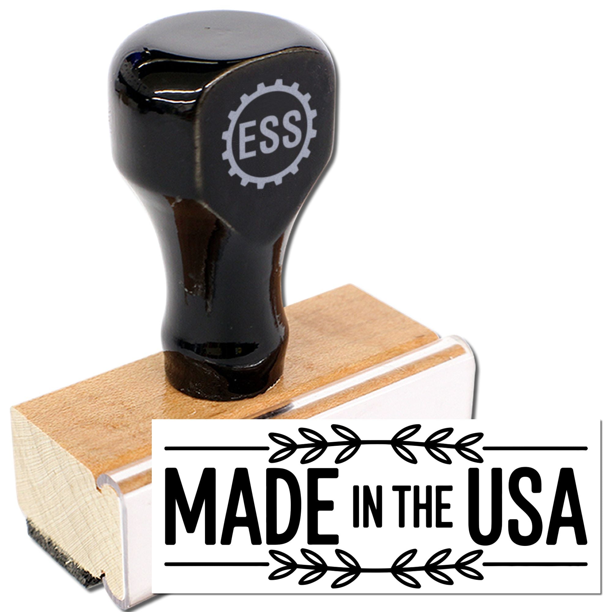 Black rubber stamp with ESS logo on a wooden block, beside a white Made in the USA seal.