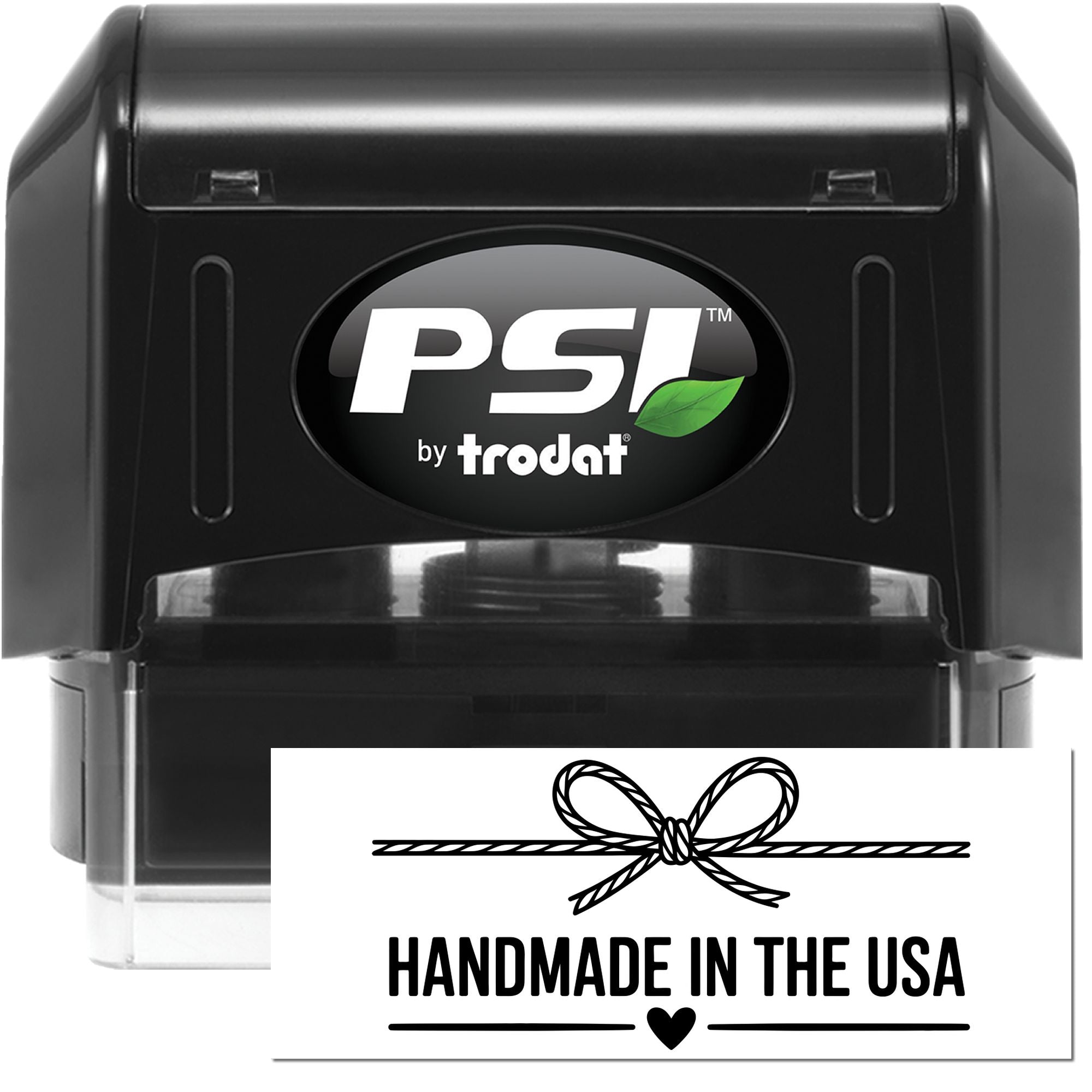 Black PSI by Trodat self-inking stamp with Handmade in the USA seal, black casing, white label, and green leaf logo.