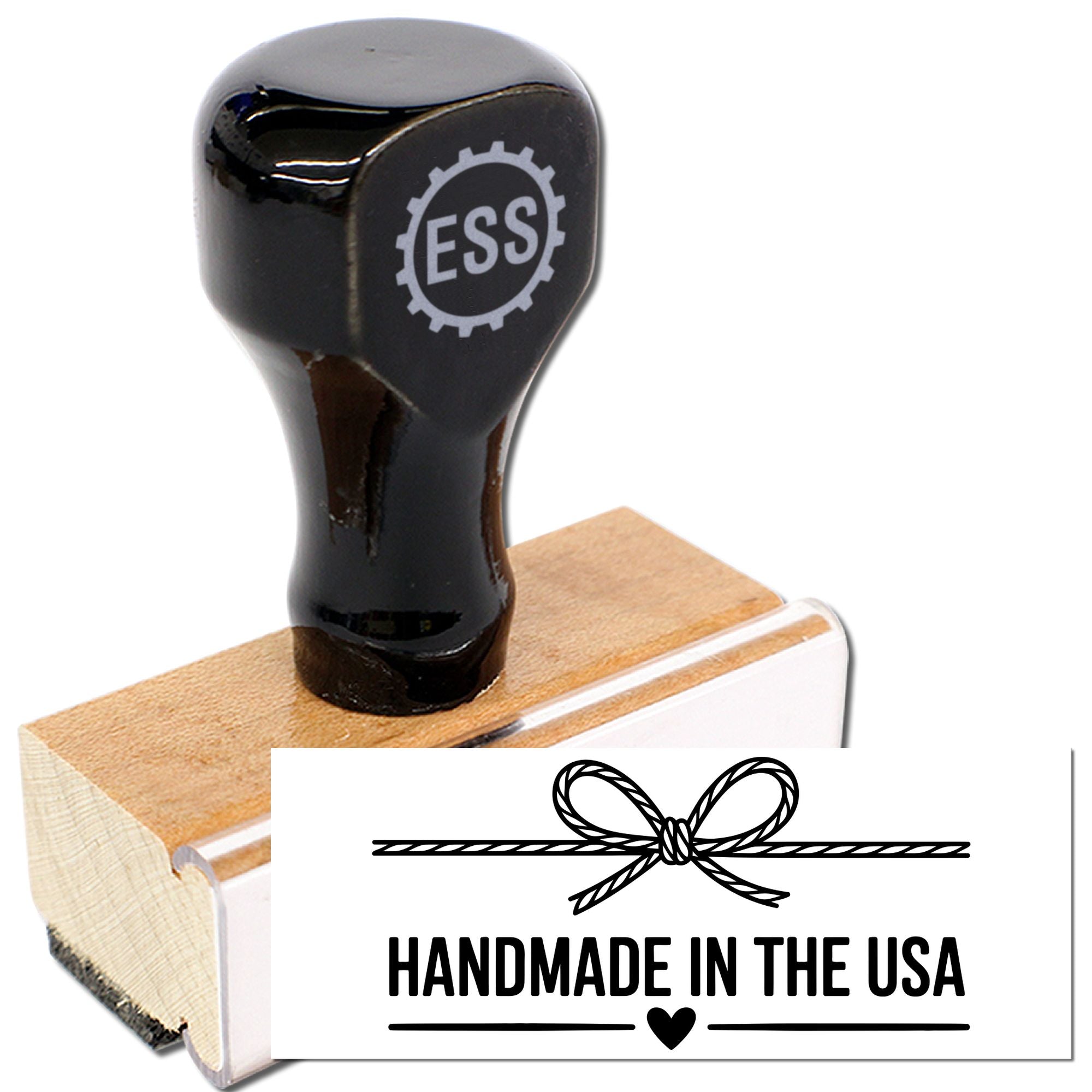 Black custom rubber stamp with ESS logo on a wooden handle, beside a handmade in the USA seal design.