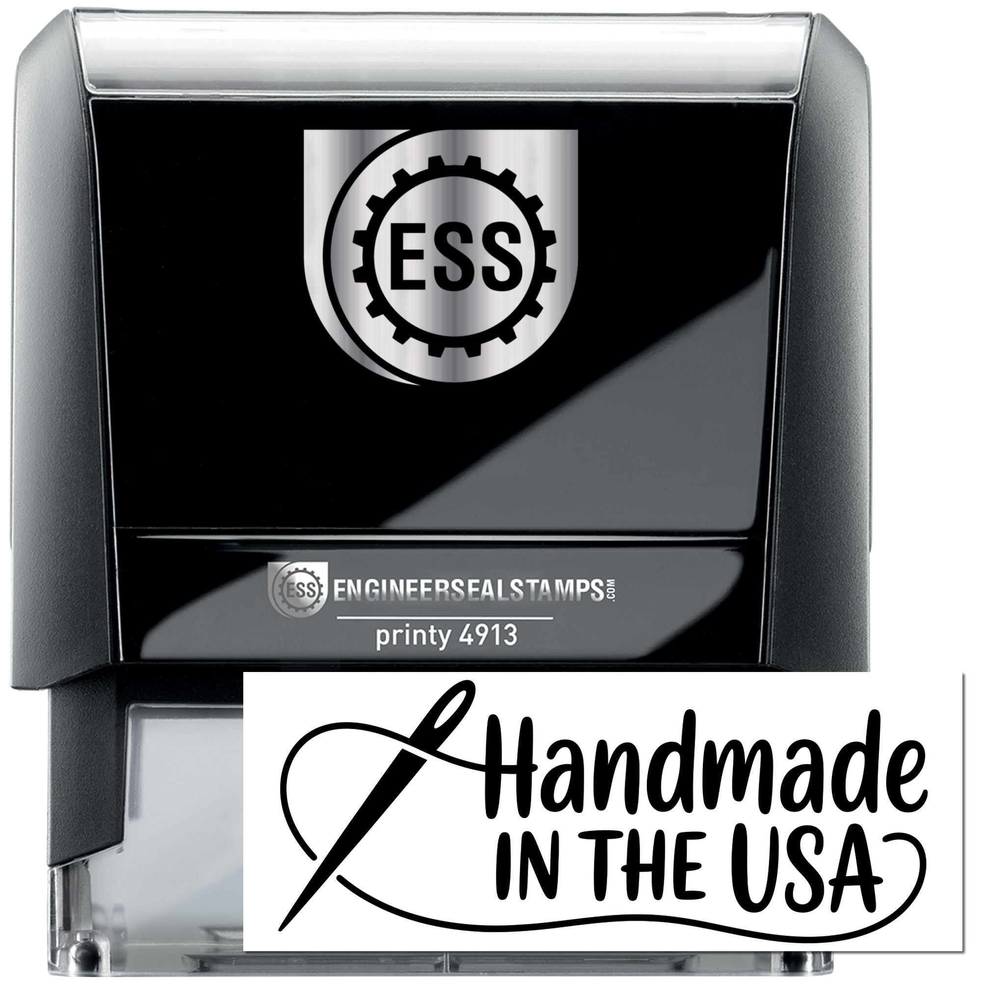 Black self-inking engineer seal stamp with silver ESS logo and white Handmade in the USA seal.
