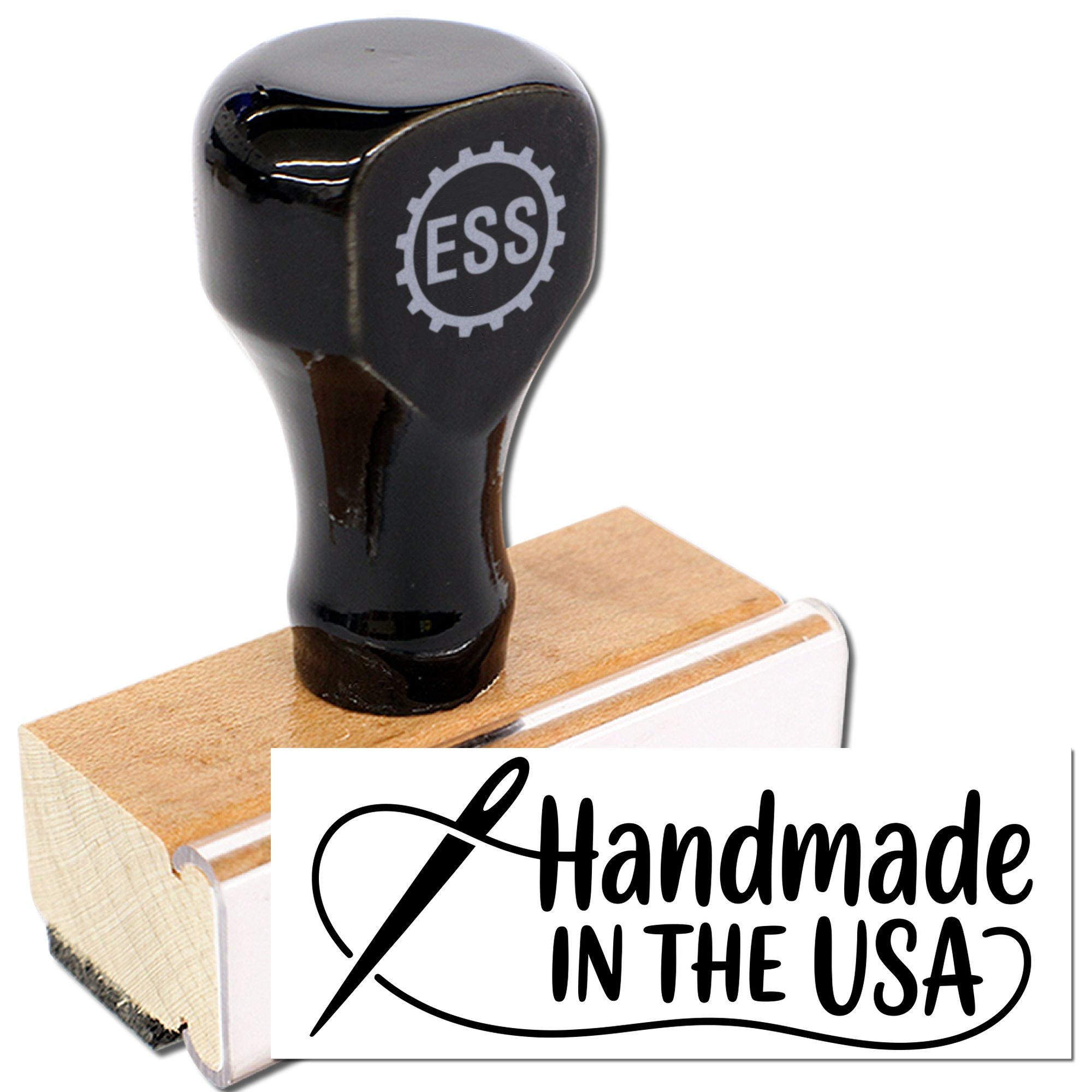 Black self-inking stamp and handmade-in-USA seal block with ESS logo on glossy black handle and wood base