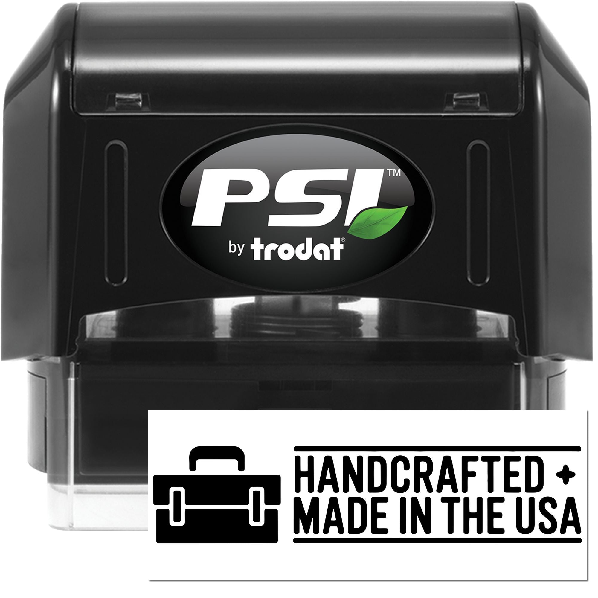 Black PSI by Trodat self-inking stamp with green leaf logo and handcrafted Made in the USA seal.