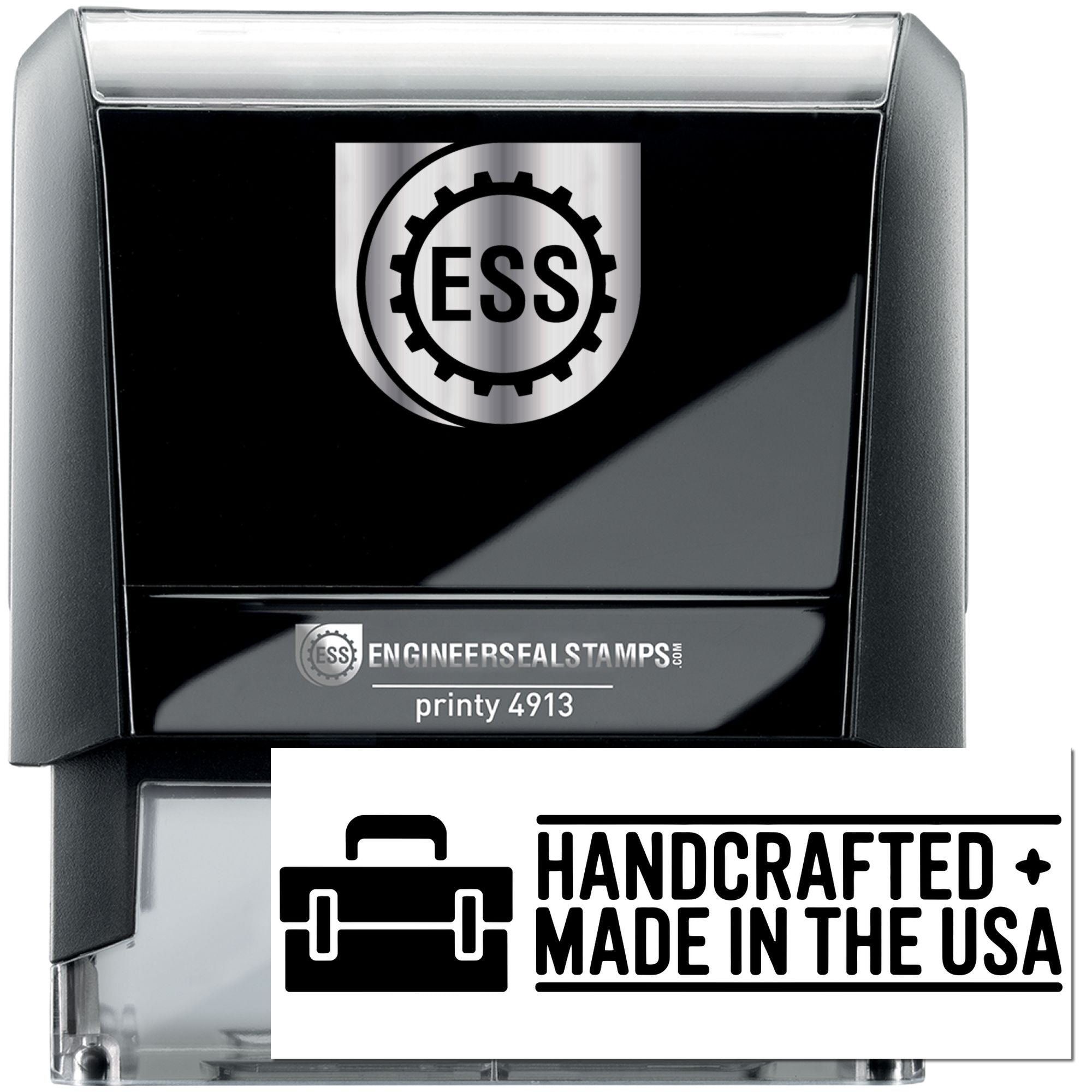 Black self-inking stamp and seal with silver top, ESS logo, and Handcrafted Made in the USA imprint.