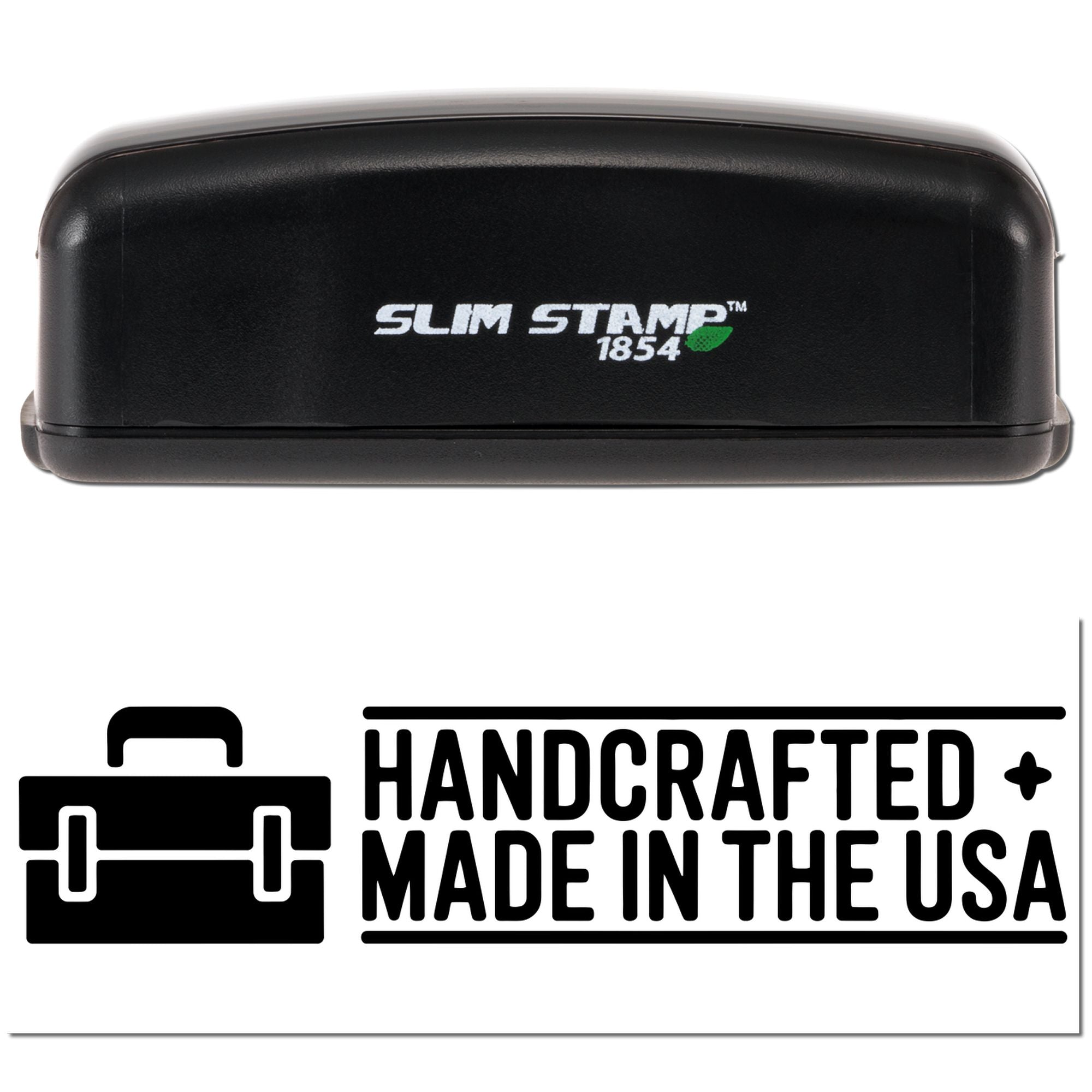 Black Slim Stamp 1854 handcraft seal case with white logo and green accent, plus handcrafted Made in the USA branding.